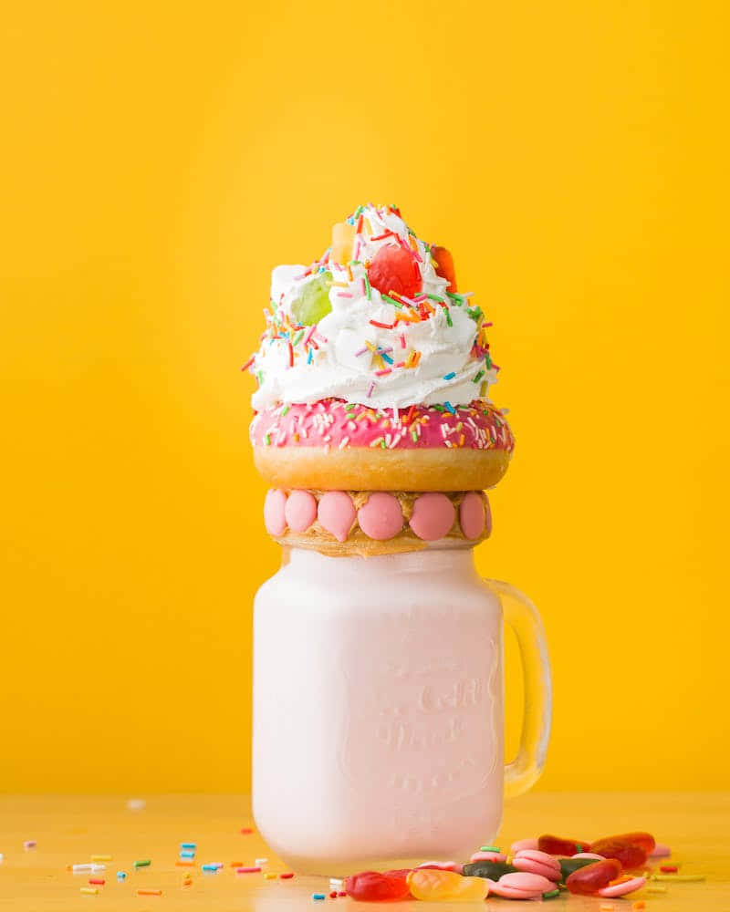 Cute Dessert 桌布 壁紙 — 一個異想天開的甜點創作，在一個梅森罐中裝有粉紅色奶昔，上面放有甜甜圈和鮮奶油糖屑，背景是充滿活力的黃色。