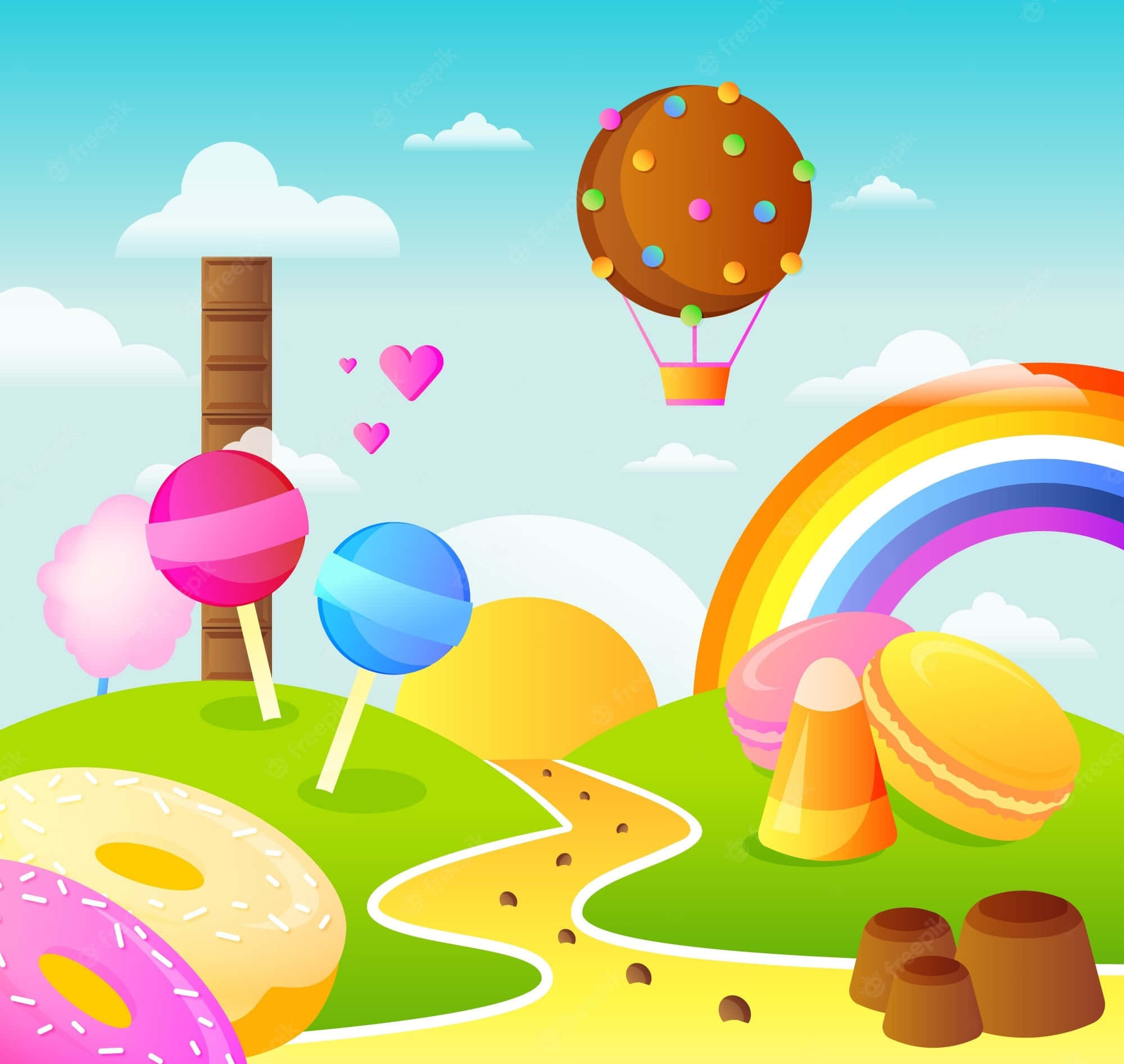 Candy Land 桌布 壁紙 — 一個異想天開的糖果樂園景觀，有巨大的棒棒糖、冬甩和一個曲奇熱氣球在彩虹下漂浮。