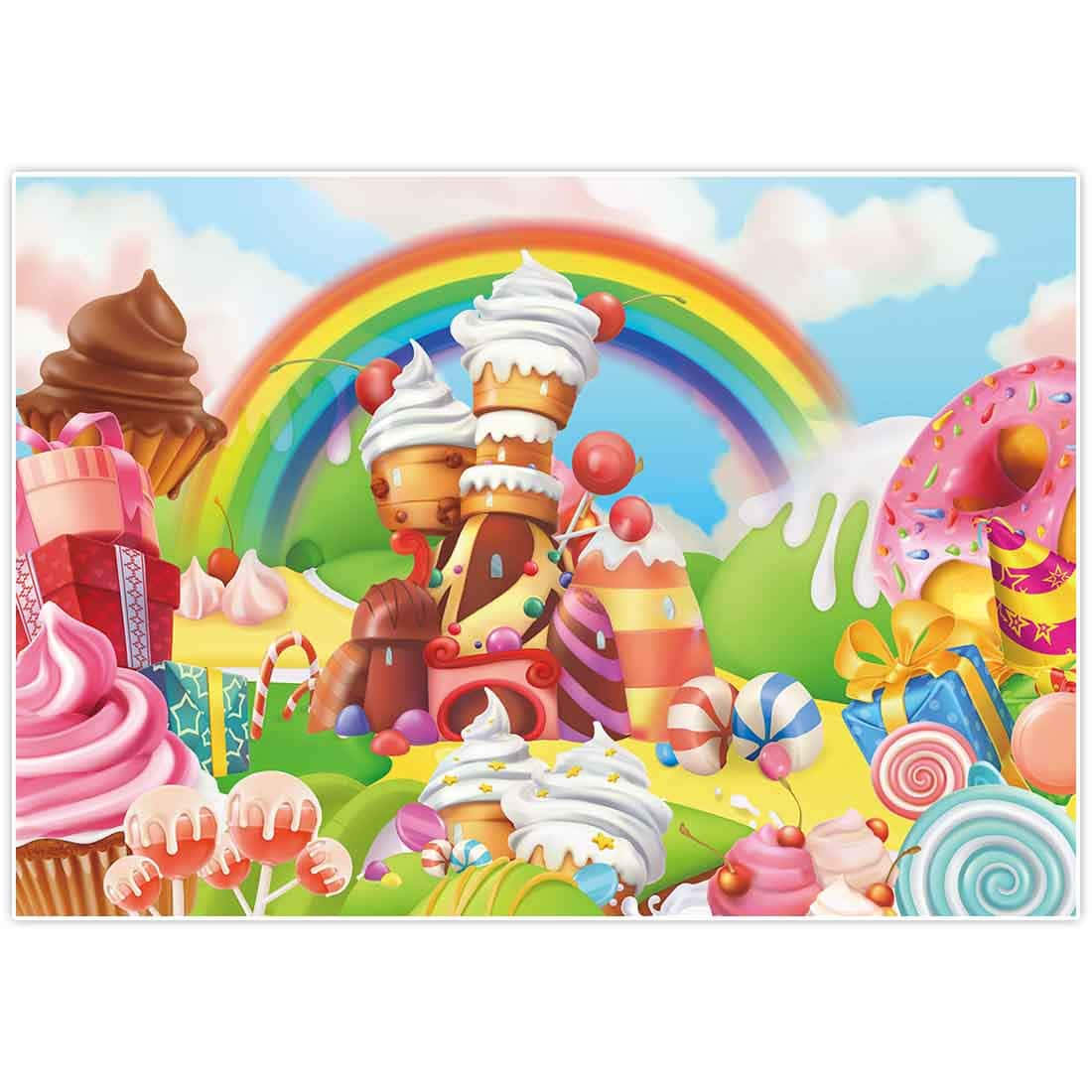Candy Land 桌布 壁紙 — 一個異想天開的糖果樂園景觀，有巨型甜點、彩虹和棒棒糖，在明亮的藍天下。