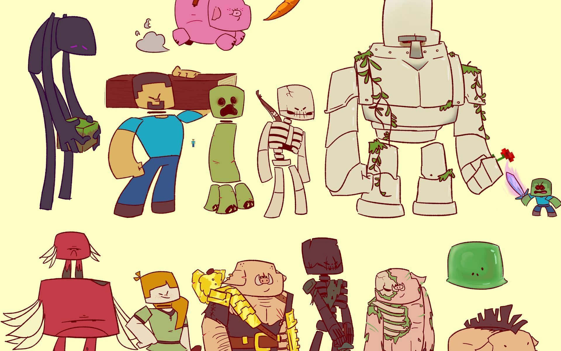 Minecraft Art 桌布 壁紙 — 一個異想天開的系列，包含風格化的Minecraft風格角色，包括殭屍、骷髏和一個巨型機械人，背景為淡黃色。