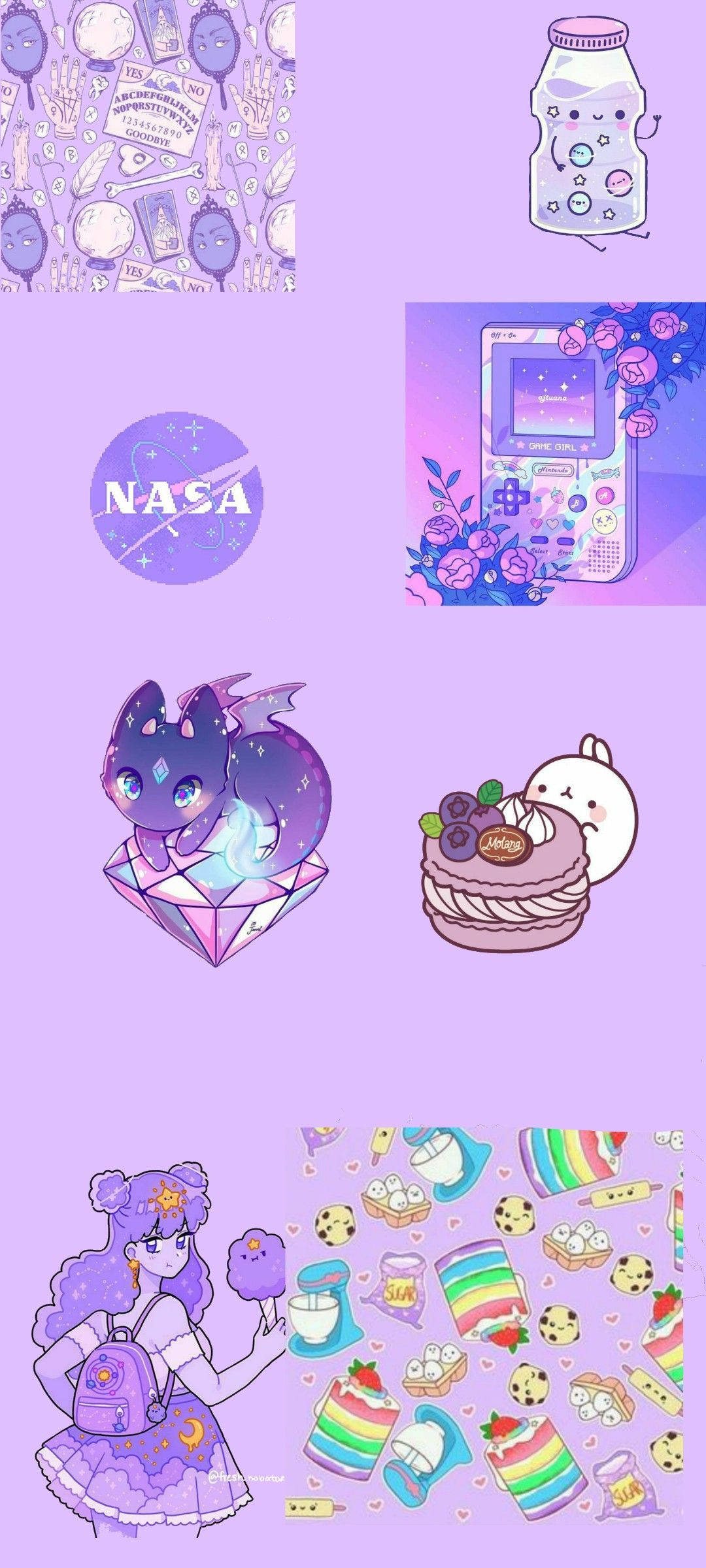 Purple Aesthetic iPhone 桌布 壁紙 — 一個異想天開的紫色牆紙拼貼，包含可愛的動漫角色、蛋糕、遊戲設備和太空主題塗鴉。