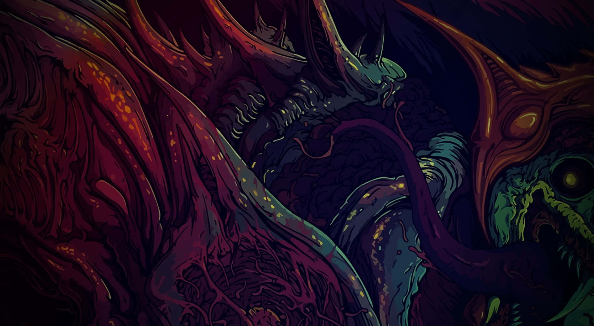 beast 桌布 壁紙 — 一個畸形、多肢的生物，有著發光的眼睛和滴落的觸手，從黑暗、旋轉的有機物中出現，構成一個噩夢場景。