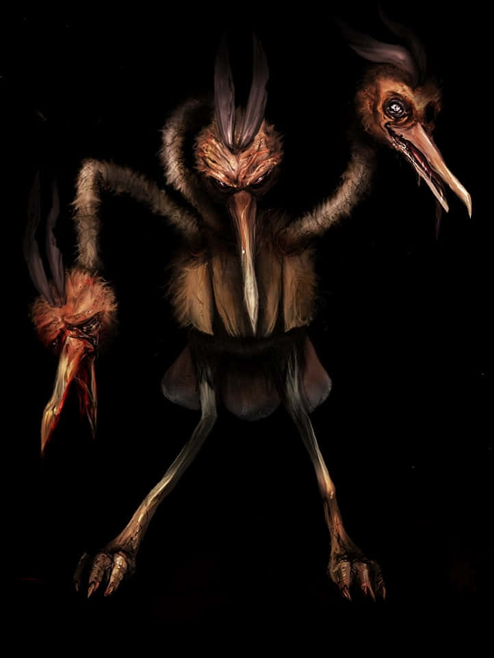 遊戲 桌布 壁紙 — 一個畸形多頭鳥類生物，有三個腐爛的頭顱和帶爪的肢體，站在一片漆黑的虛空中。