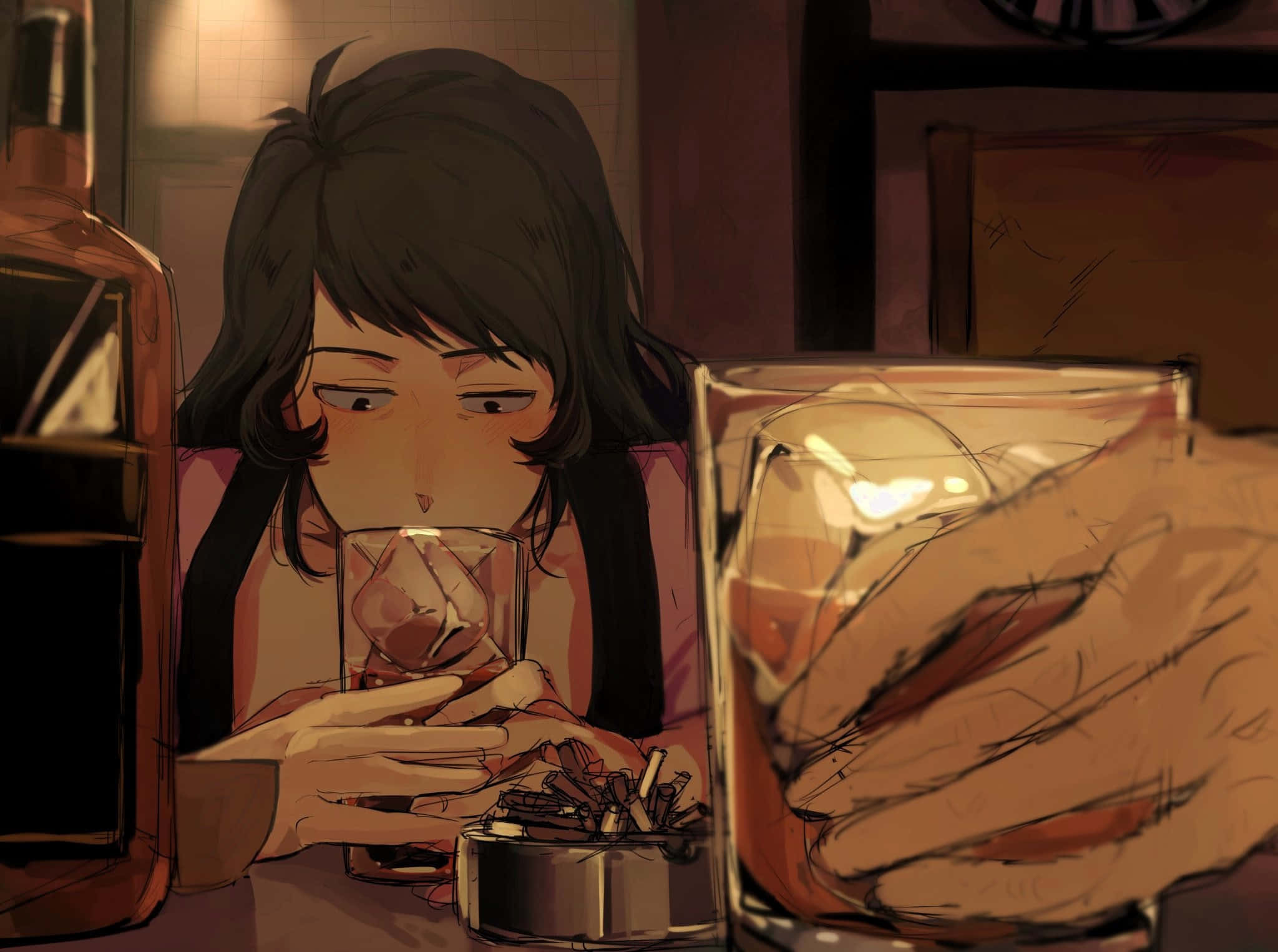 Goemon Ishikawa Xiii 桌布 壁紙 — 一個疲憊的動漫女人在燈光昏暗的酒吧裡啜飲威士忌，附近有酒瓶和煙灰缸。