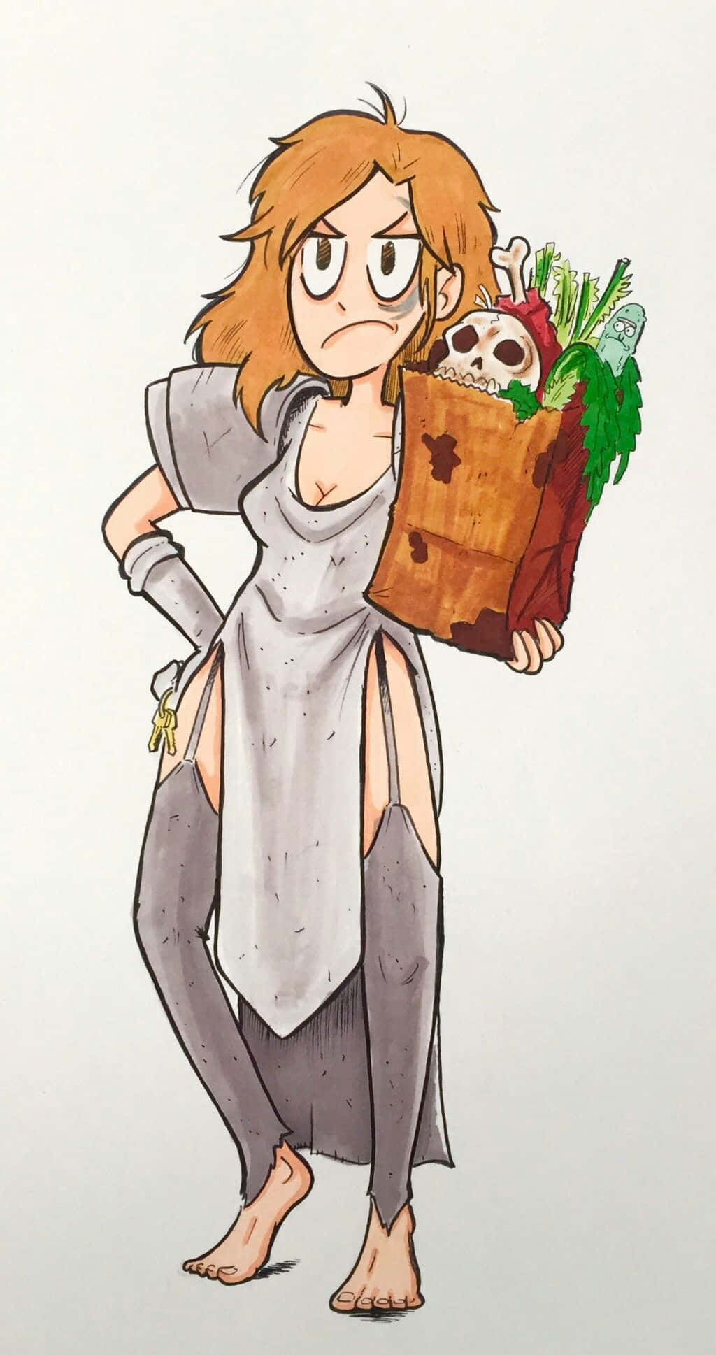 Summer Smith 桌布 壁紙 — 一個疲憊的動漫女孩，凌亂的橙色頭髮，拎著一個沾滿血跡的購物袋，裡面裝滿蔬菜和一個頭骨。