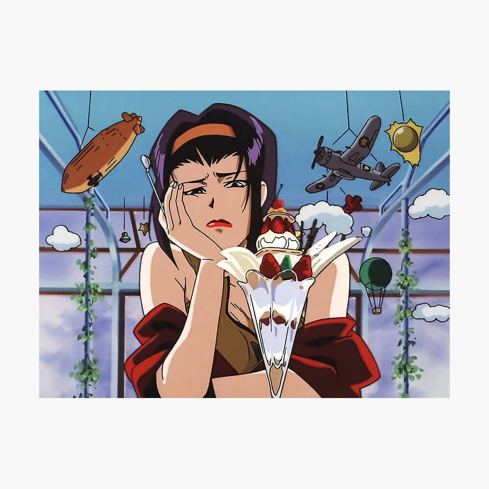 Faye Valentine 桌布 壁紙 — 一個疲憊的動漫女孩將頭靠在手上，同時拿著一個巨大的雪糕筒，在一個充滿漂浮飛機和熱氣球的奇幻溫室裡。