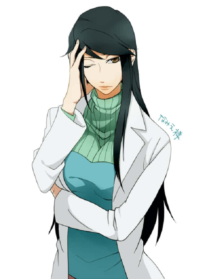 Namie Yagiri 桌布 壁紙 — 一個疲憊的動漫女性，長長的黑髮，穿著白色外套，綠色高領毛衣，手托著頭。