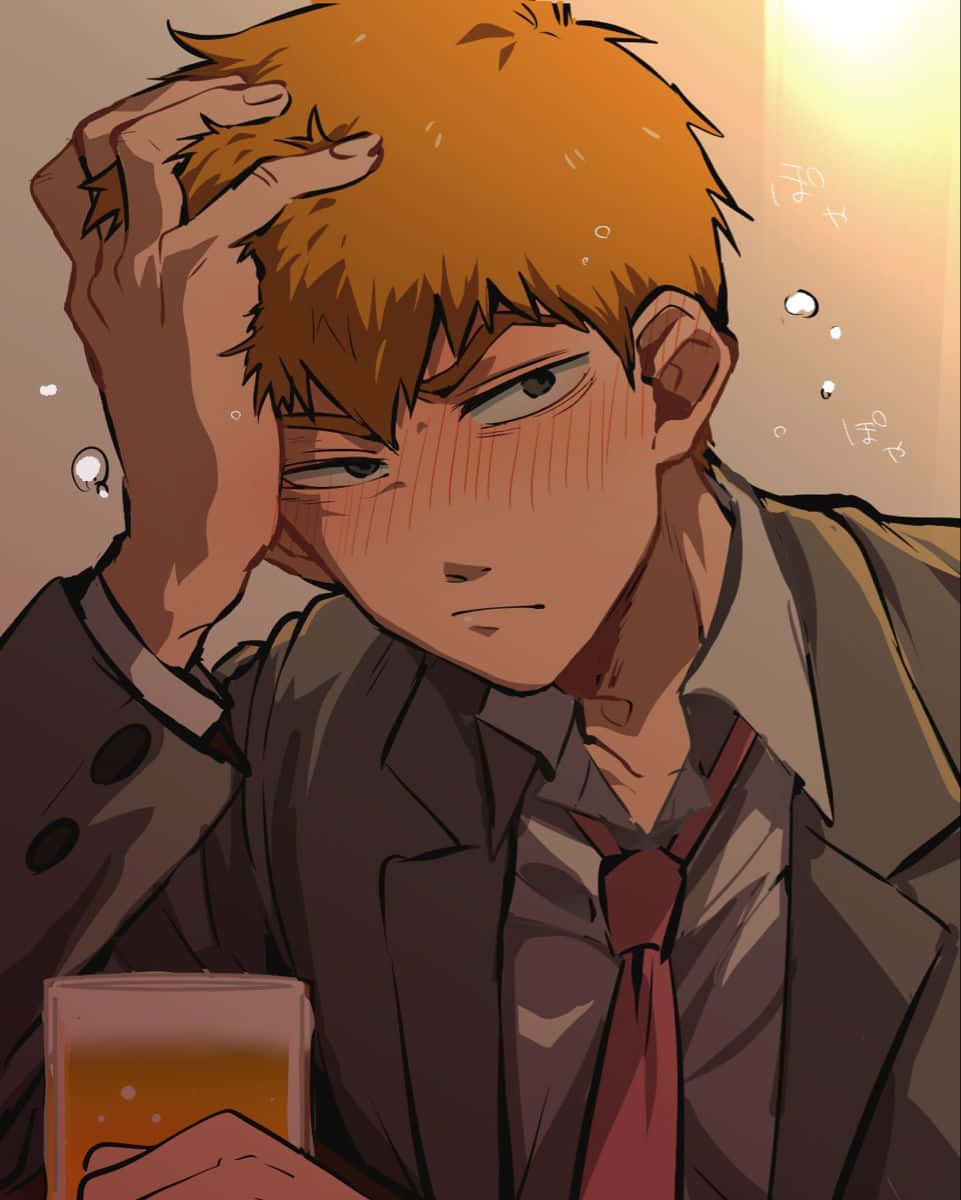 Arataka Reigen 桌布 壁紙 — 一個疲憊的動漫男子，頂著尖刺的橙色頭髮，在昏暗的環境中抓著啤酒杯，同時抱著頭。
