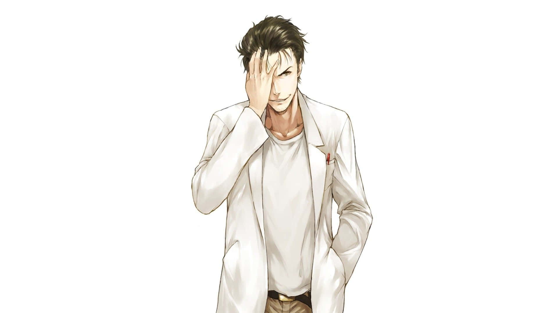 Rintaro Okabe 桌布 壁紙 — 一個疲憊的動漫男子穿著白色外套，在純白背景前用一隻手遮住臉。