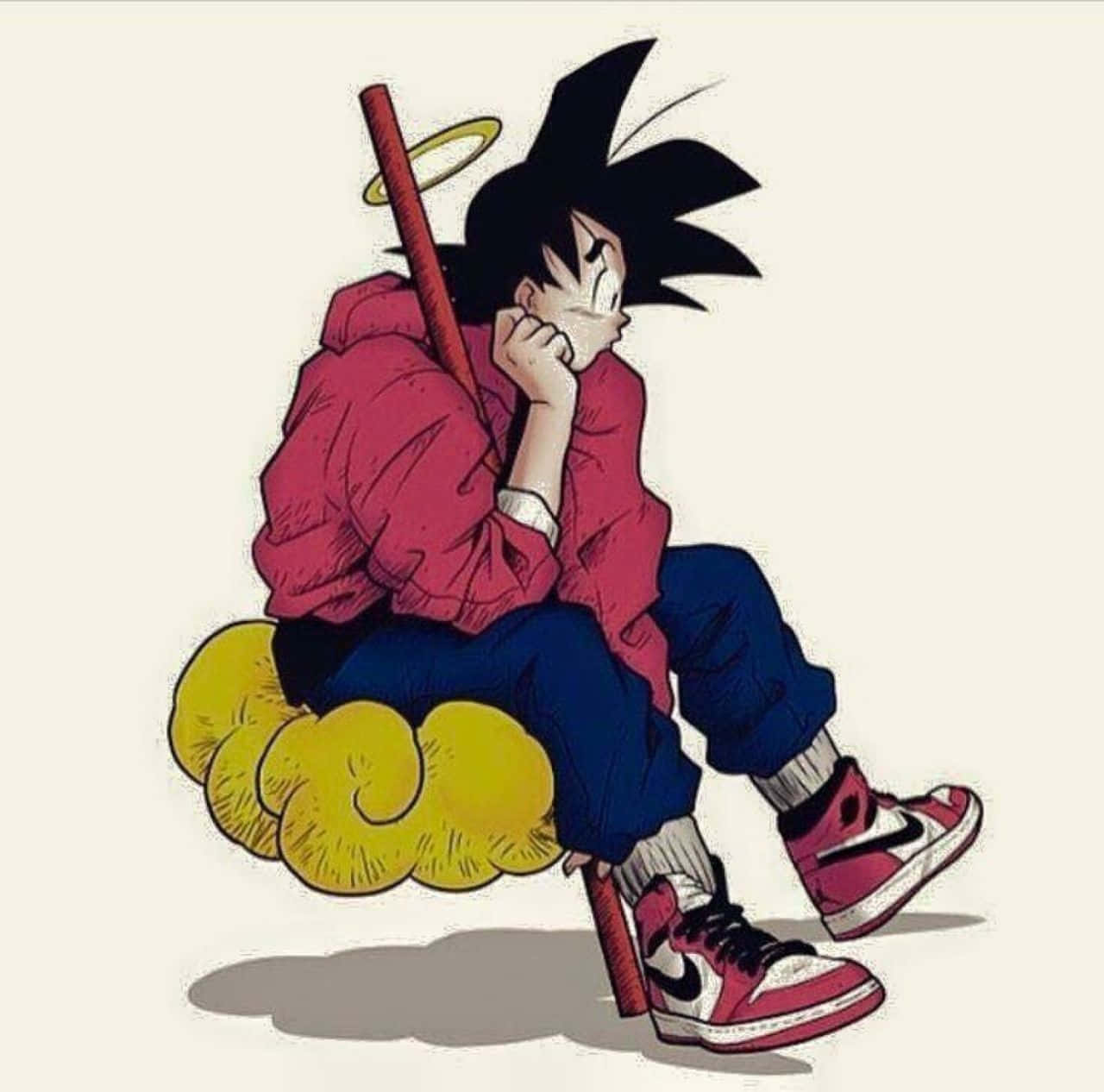 Nimbus 桌布 壁紙 — 一個疲憊的動漫男孩，黑色刺蝟頭，坐在黃色雲朵上，手持紅色法杖，頭頂光環。