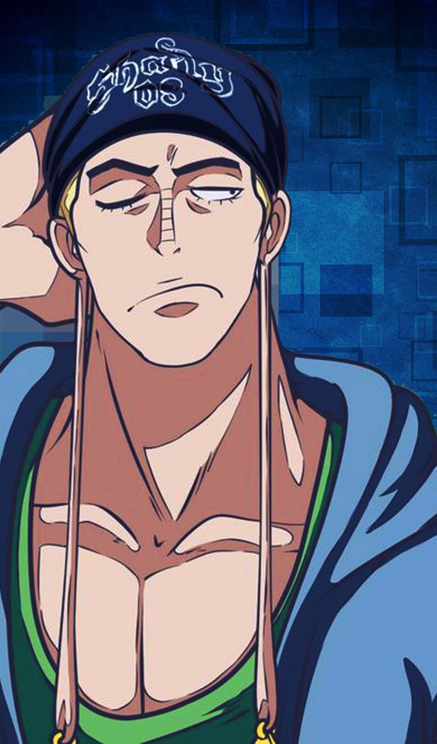 One Piece Enel 桌布 壁紙 — 一個疲憊的動漫角色，閉著眼睛，戴著頭巾，將頭靠在藍色幾何背景上。