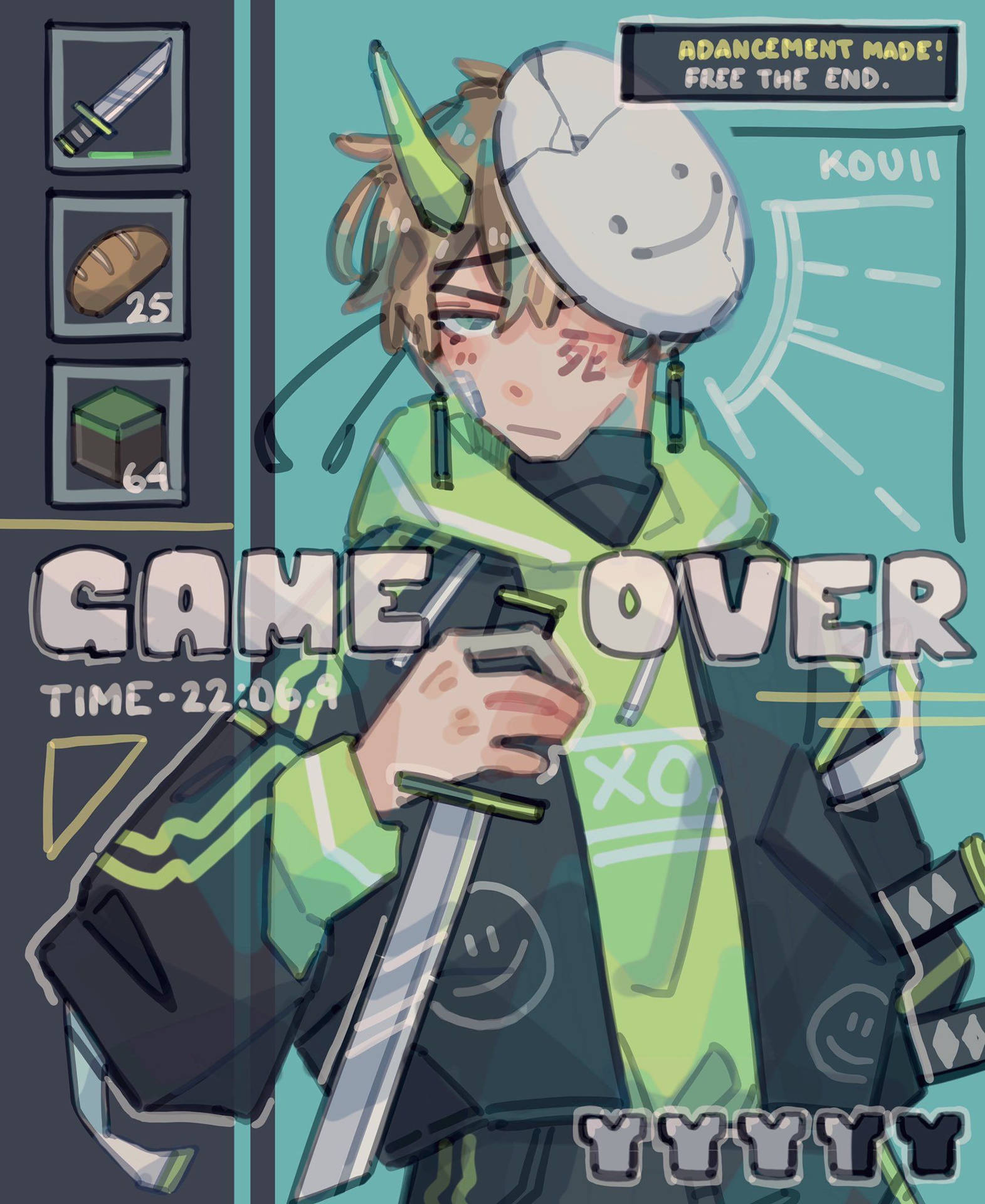 動漫角色穿著綠色連帽衫在遊戲結束畫面後拿著劍。 — 夢境 GIF 壁紙