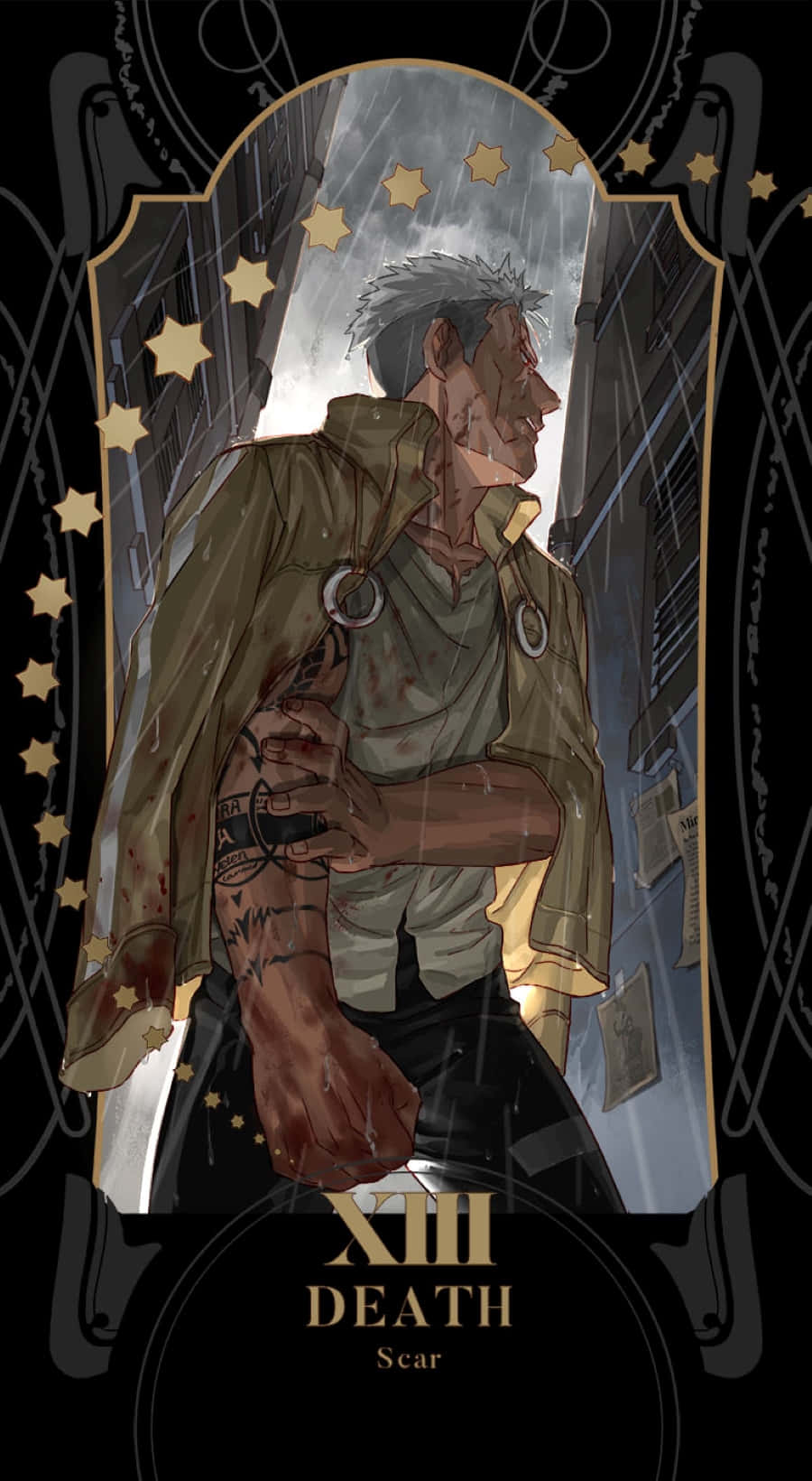 Fullmetal Alchemist Scar 桌布 壁紙 — 一個疲憊的男人，灰白頭髮，手臂有疤痕，站在被雨水浸濕的小巷中，周圍是金色的星星和華麗的拱門。