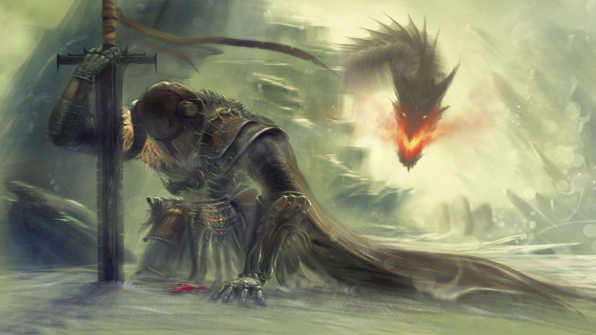 The Elder Scrolls V Skyrim 桌布 壁紙 — 一個疲憊的騎士跪在他的劍旁，一條噴火龍在迷霧戰場中若隱若現。