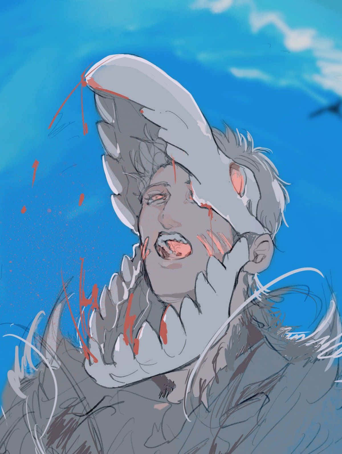 Falco Grice 桌布 壁紙 — 一個痛苦嘅動漫角色，灰色頭髮，被一個充滿血嘅鯊魚口攻擊，背景係明亮嘅藍天。