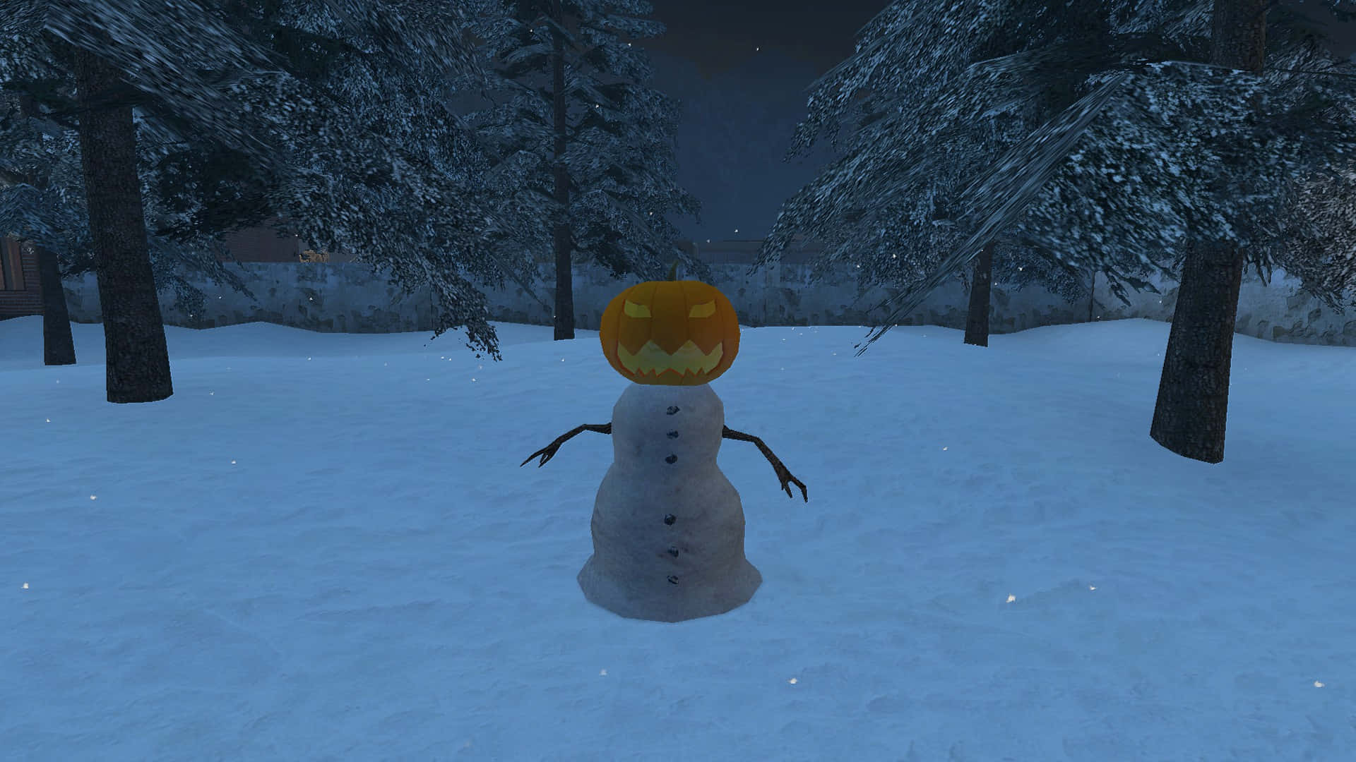 Minecraft Snow Golem 桌布 壁紙 — 一個發光南瓜頭的雪人站在雪地森林中，背景是漆黑的夜空。