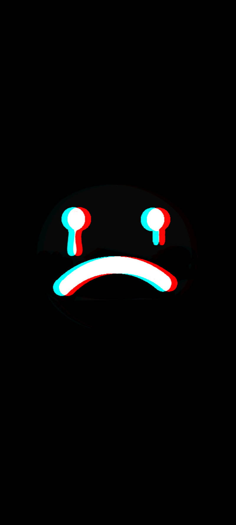 Sad Emoji 桌布 壁紙 — 一個發光嘅3D渲染悲傷面孔，喺黑色背景上流住眼淚。