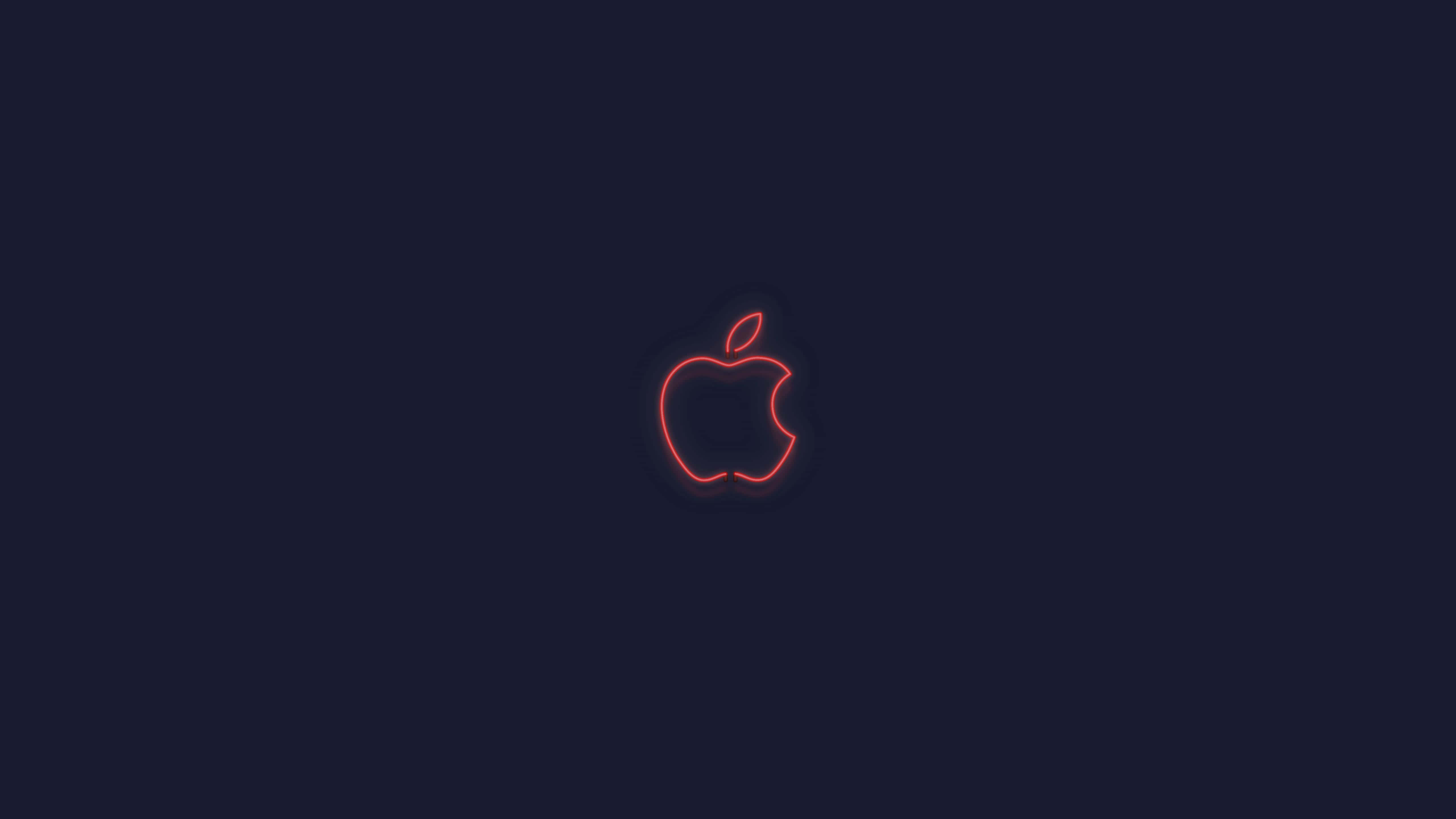 4K Apple 桌布 壁紙 — 一個發光嘅紅色霓虹燈蘋果標誌輪廓，置中喺深海軍藍色背景上。