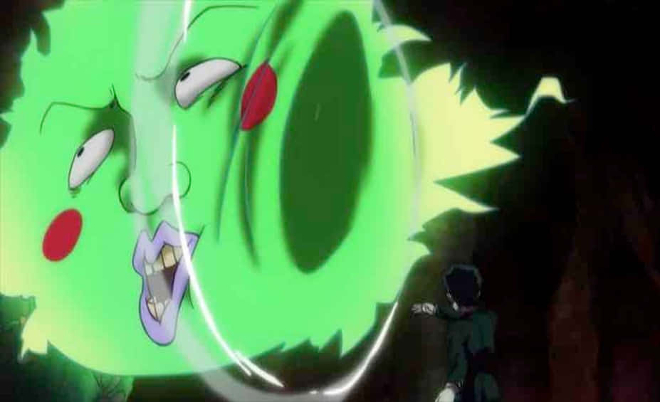 Mob Psycho 100 Ekubo 桌布 壁紙 — 一個發光嘅綠色巨型動畫怪物，有紅色面頰同尖牙，對住一個細小嘅黑色身影咆哮。