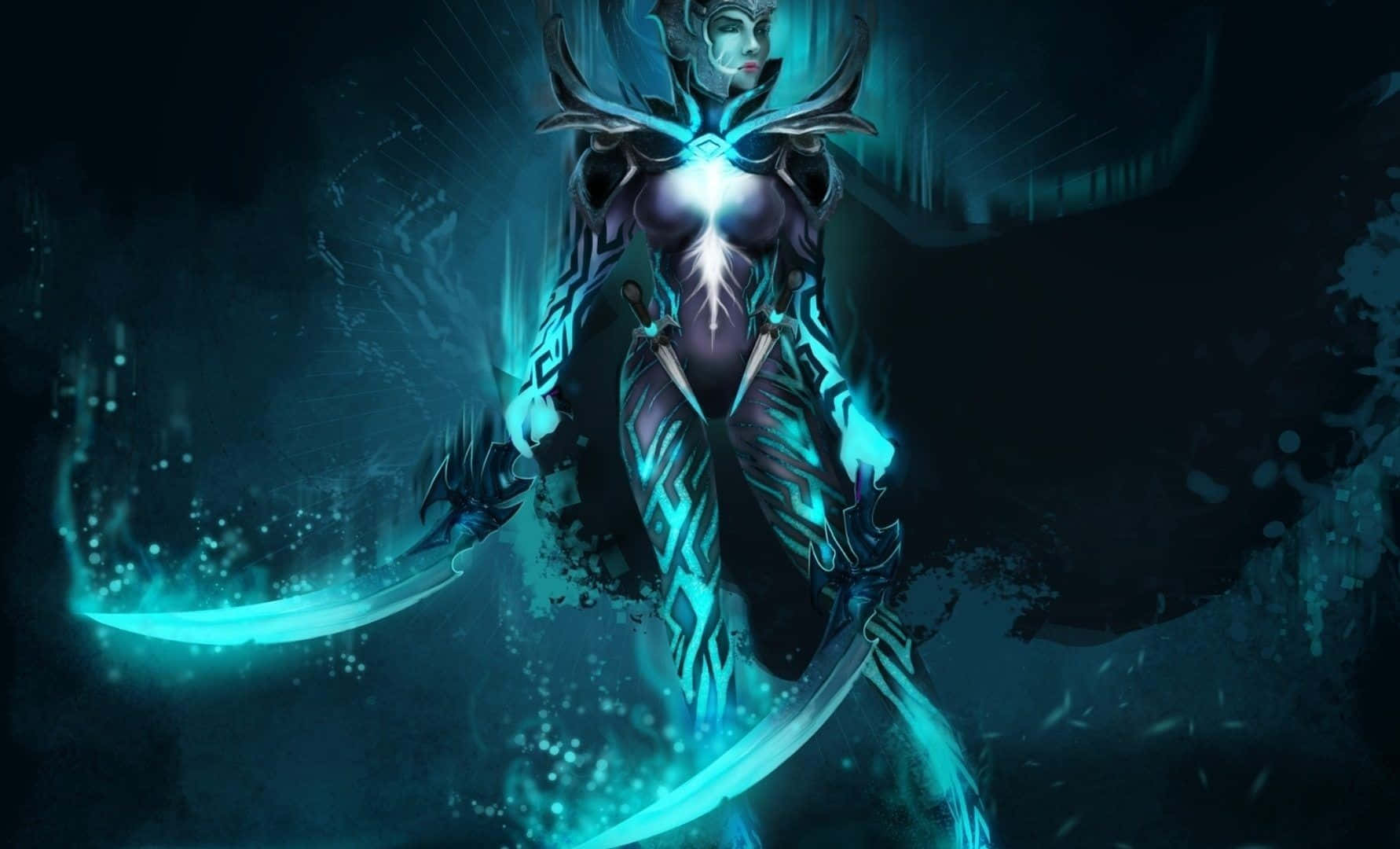 Phantom Assassin 桌布 壁紙 — 一個發光嘅藍色裝甲戰士，手持彎曲刀刃，企喺一個黑暗神秘嘅環境中，散發出能量。
