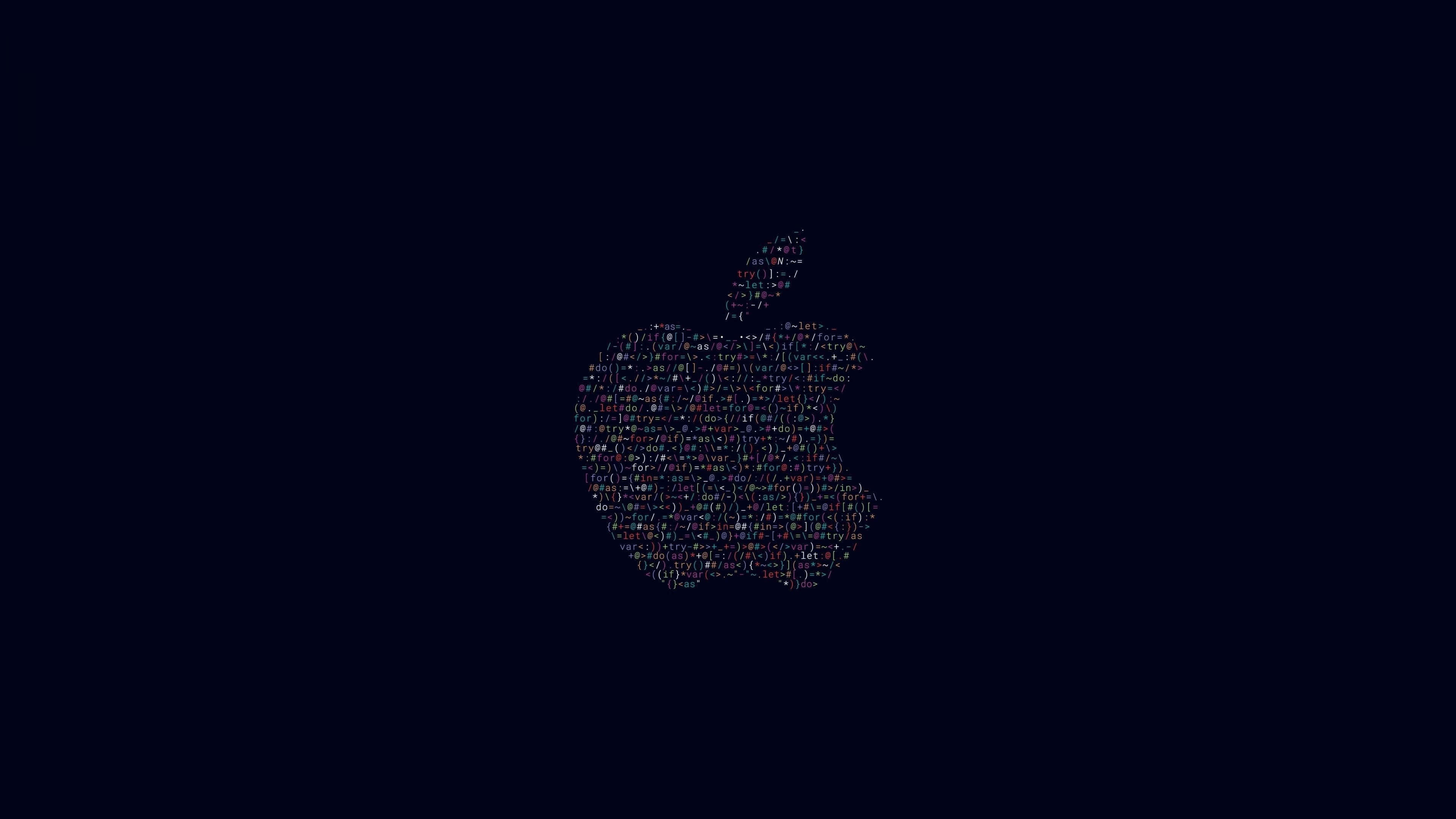 4K Apple 桌布 壁紙 — 一個發光的Apple標誌，由彩色代碼片段在深色背景上形成。