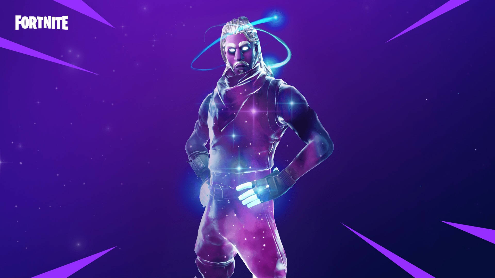 遊戲 桌布 壁紙 — 一個發光的Fortnite角色自信地站在一個帶有星爆和霓虹條紋的宇宙紫色背景前。