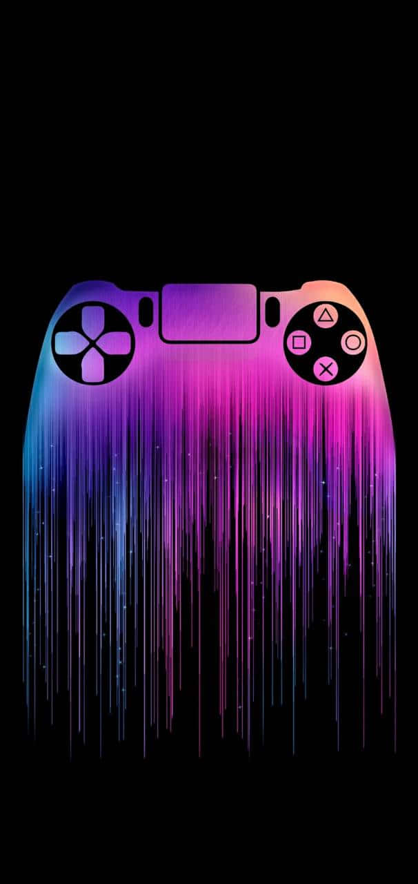Gamer 桌布 壁紙 — 一個發光的PlayStation控制器在黑色背景上滴落著充滿活力的紫色和藍色霓虹條紋。