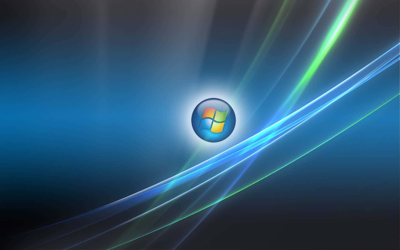 Windows Vista 桌布 壁紙 — 一個發光的Windows標誌，居中於動態藍色和綠色光線條紋之間，背景為深色漸變。