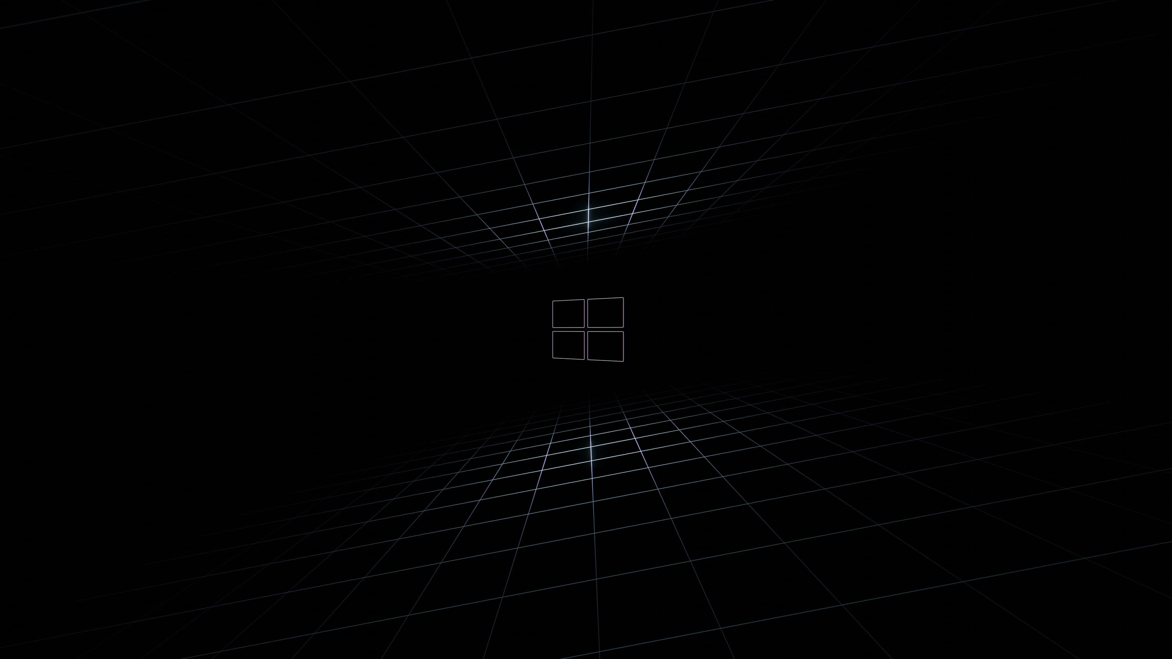 Black Windows 桌布 壁紙 — 一個發光的Windows標誌位於黑暗的數碼網格隧道中央，延伸至無限遠。