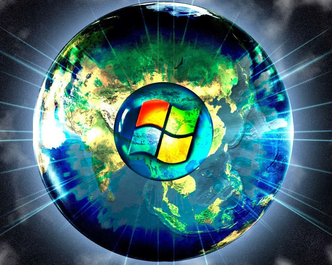 Windows Vista 桌布 壁紙 — 一個發光的Windows標誌漂浮在充滿活力的地球上，耀眼的光束穿過黑暗的雲層。