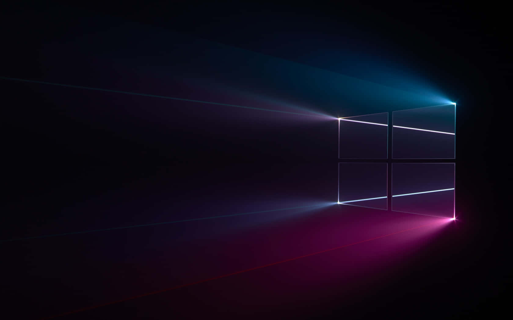 Black Windows 桌布 壁紙 — 一個發光的Windows標誌窗口在黑暗抽象背景上散發出鮮豔的藍色和洋紅色光束。