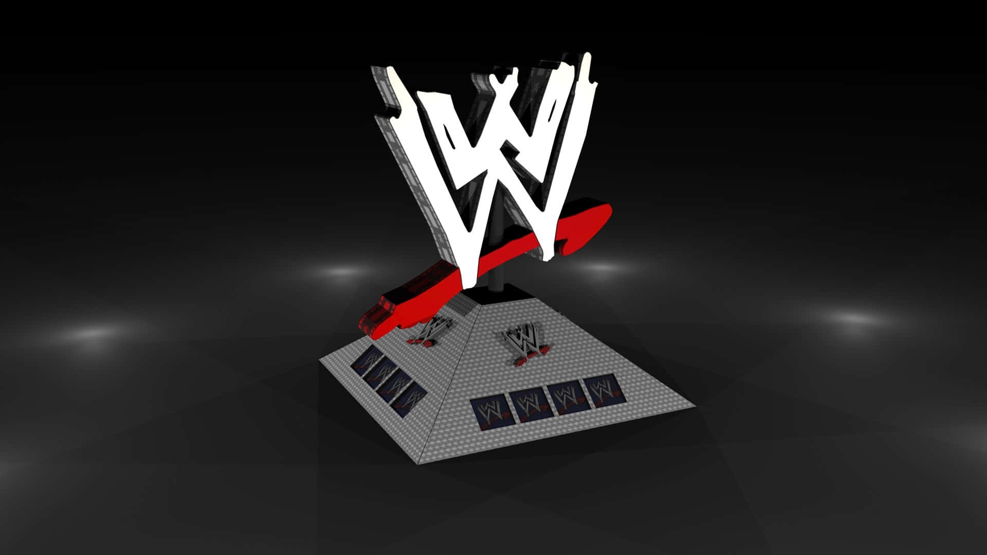 WWE Logo 桌布 壁紙 — 一個發光的WWE標誌雕塑，帶有紅色和白色元素，矗立在灰色基座上，背景為深色漸變。