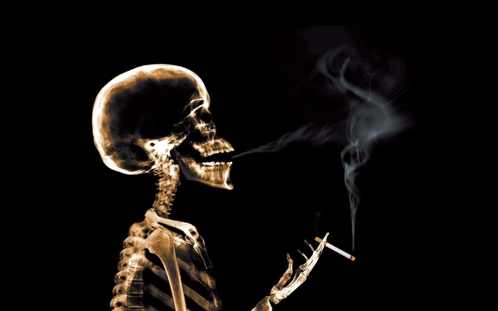 Halloween Skeleton 桌布 壁紙 — 一個發光的X光骷髏在黑色背景上吸煙，煙霧向上繚繞。