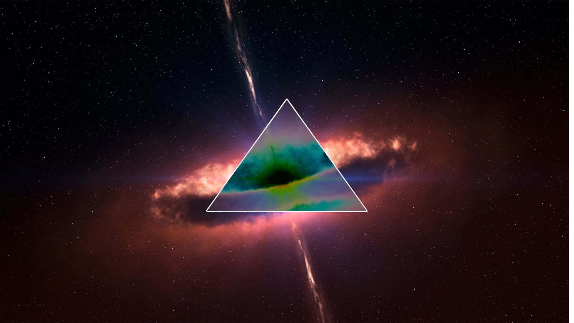 Trippy Space 桌布 壁紙 — 一個發光的三角形框住宇宙星雲，背景是繁星點點的夜空，有耀眼的光束穿透而過。