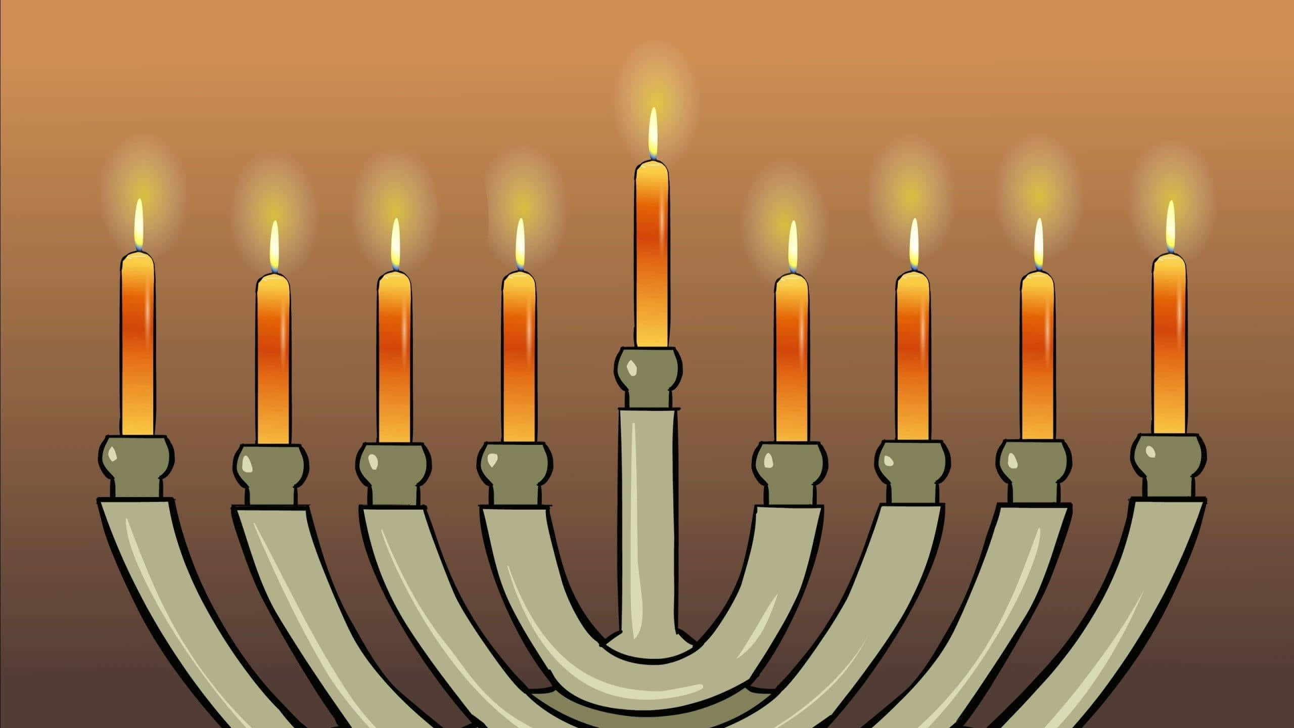 Hanukkah 桌布 壁紙 — 一個發光的九枝燈台，九根點燃的蠟燭在漸變棕色背景上投射出溫暖的光芒。