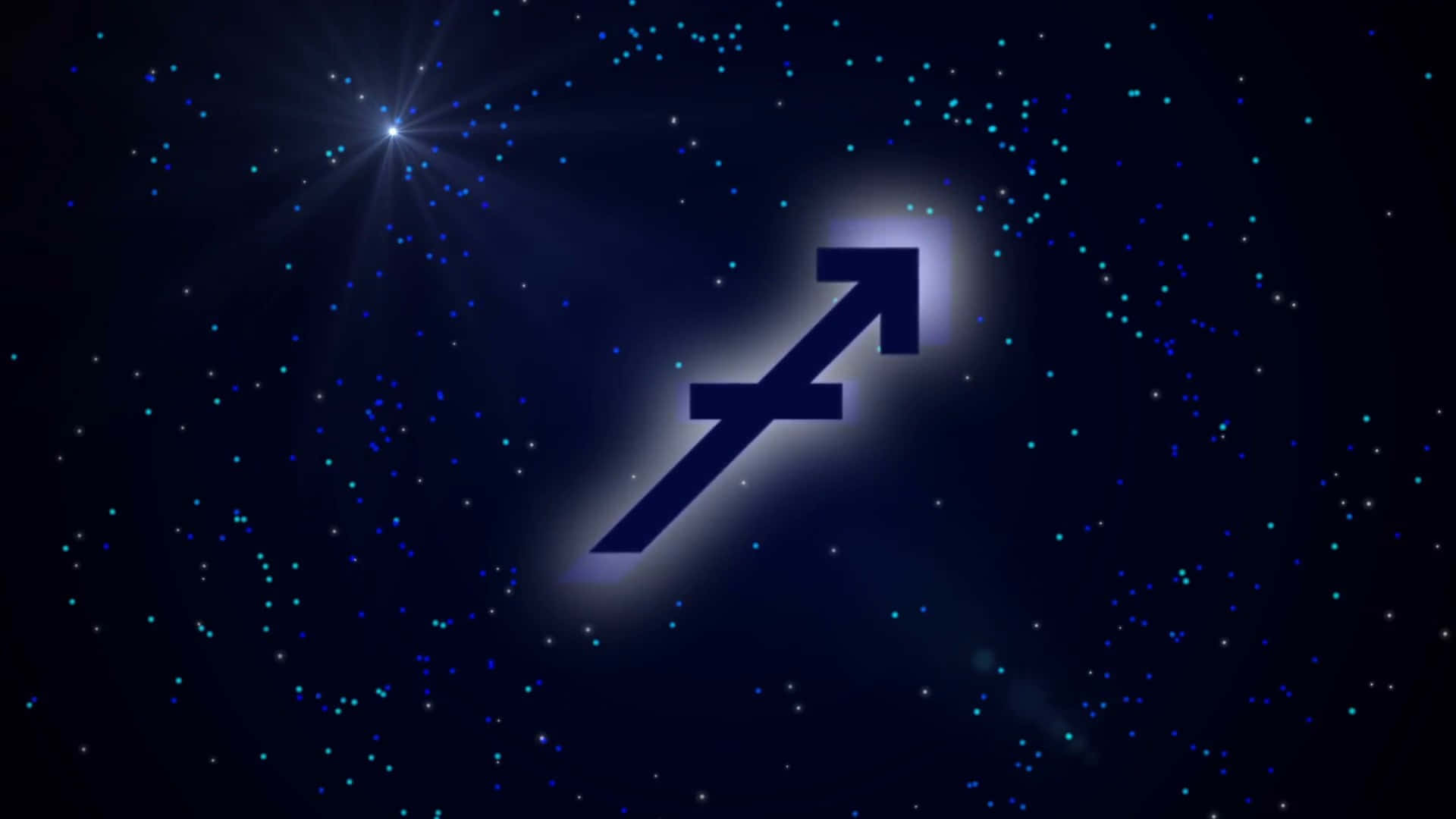 人馬座 桌布 壁紙 — 一個發光的人馬座星座符號在繁星點點的夜空中閃耀，帶有光芒四射的星爆效果。