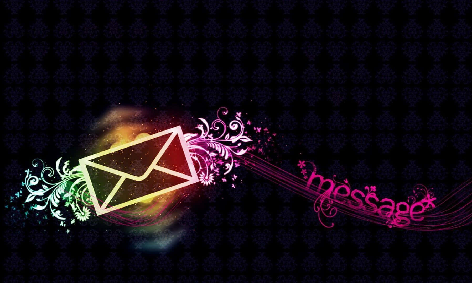 Email 桌布 壁紙 — 一個發光的信封在深色錦緞背景上爆發出色彩繽紛的漩渦和花卉圖案。