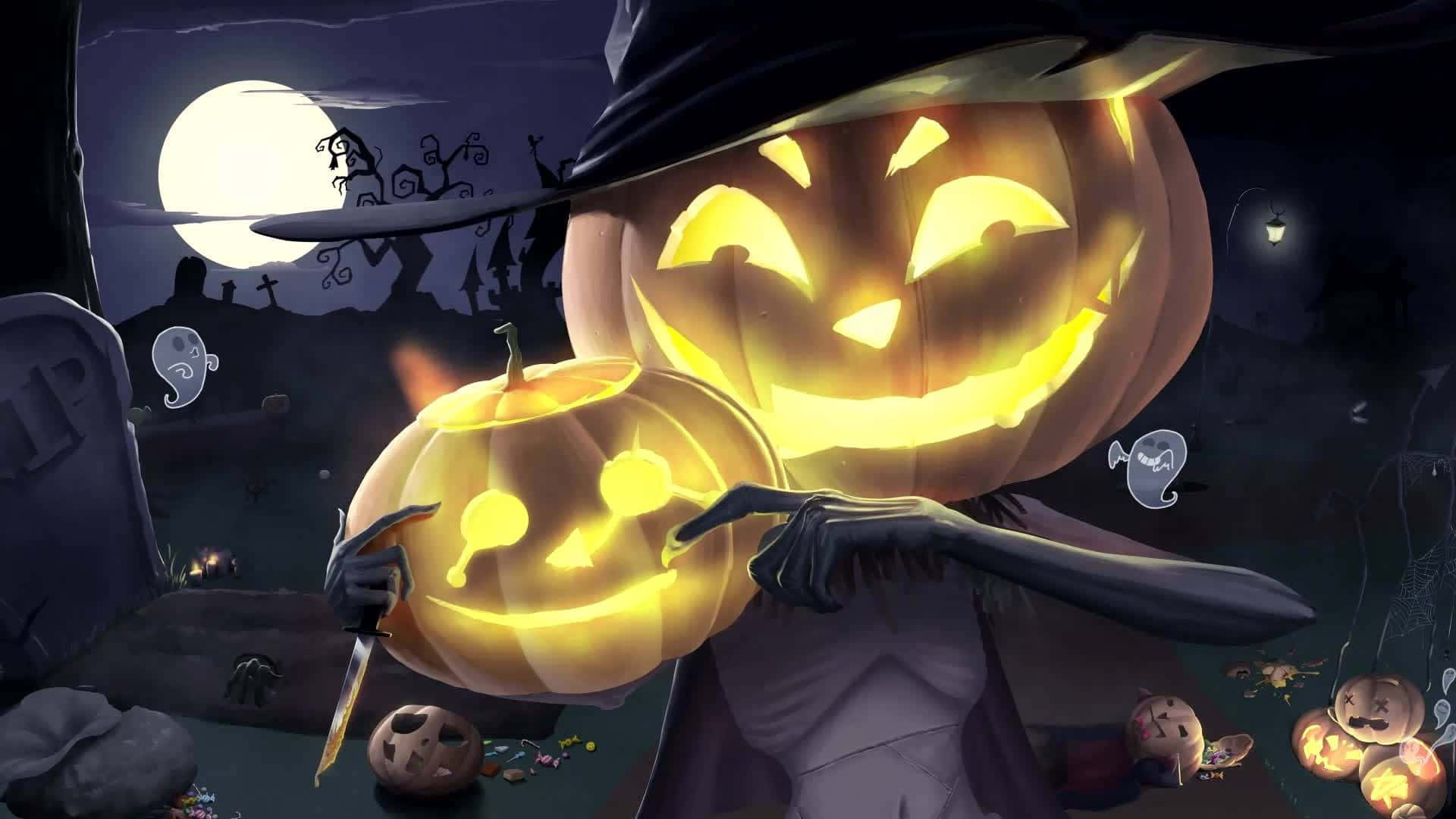 Cartoon Horror 桌布 壁紙 — 一個發光的傑克南瓜燈女巫，咧嘴大笑，在滿月下的恐怖墓園裡雕刻另一個南瓜。