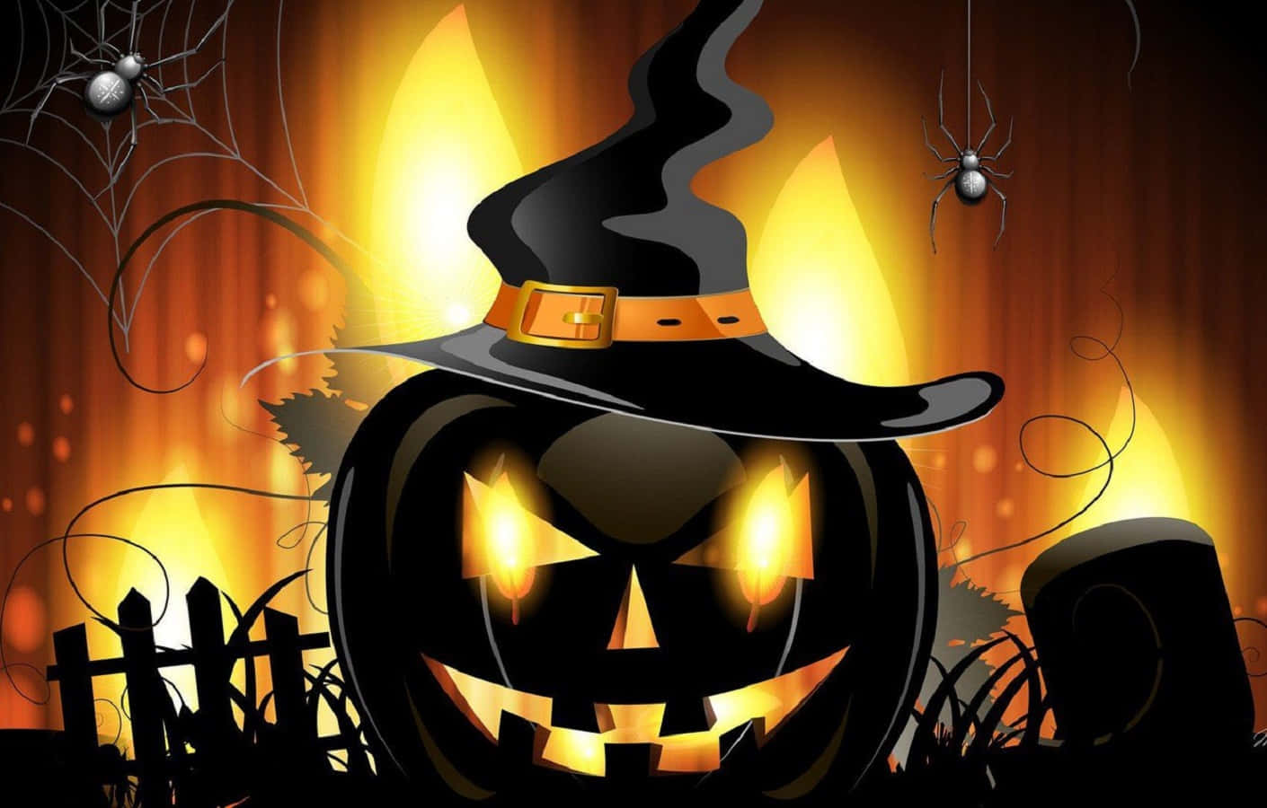 Witch Hats 桌布 壁紙 — 一個發光的傑克南瓜燈戴着女巫帽，帶有蜘蛛和蜘蛛網，背景是火熱的橙色。