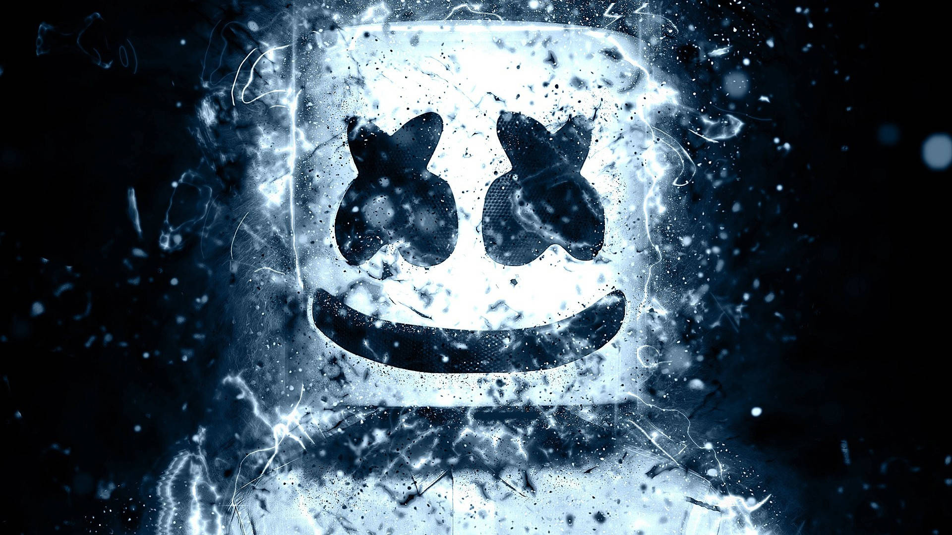 笑哈哈表情 桌布 壁紙 — 一個發光的冰雕，雕刻著一張帶有X眼睛的笑臉，在黑暗背景中破裂粉碎。