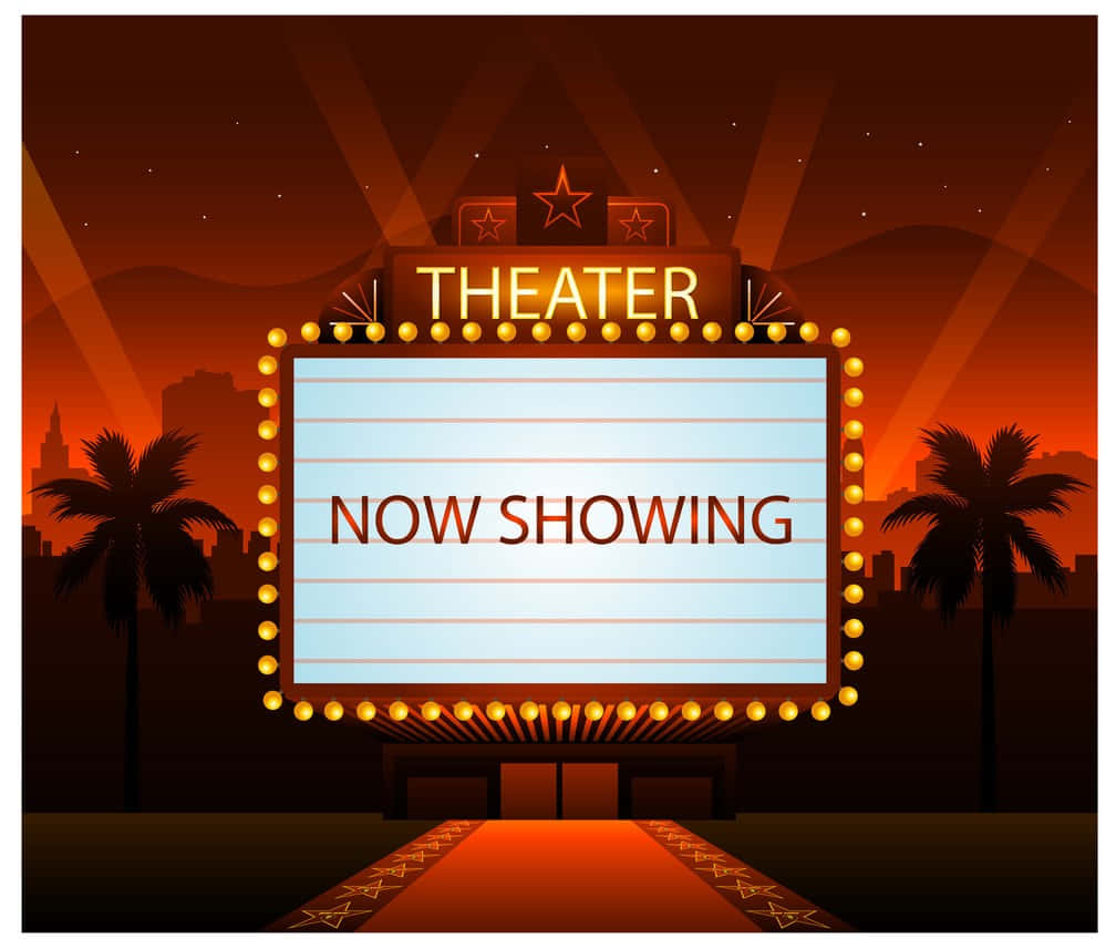 電影 桌布 壁紙 — 一個發光的劇院招牌，上面寫著「NOW SHOWING」，矗立在溫暖的橙色日落天空下，周圍環繞著棕櫚樹和城市剪影。