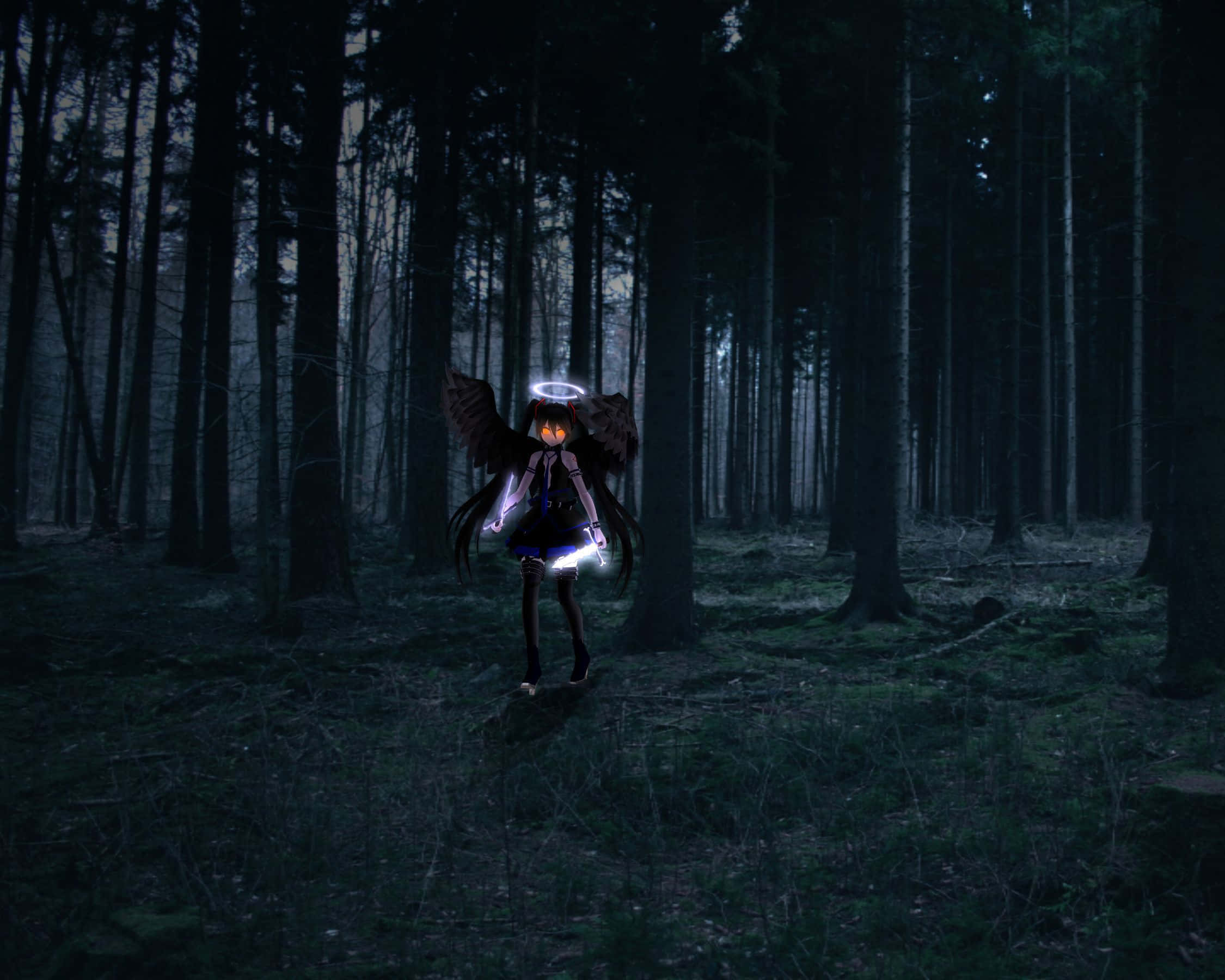 Anime Forest 桌布 壁紙 — 一個發光的動漫女孩，擁有暗色翅膀和光環，在夜晚獨自穿過霧氣瀰漫、月光照耀的森林。