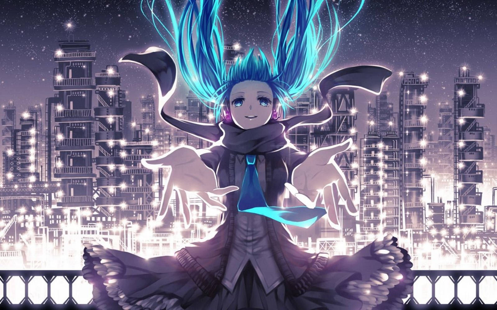 初音未來 桌布 壁紙 — 一個發光的動漫女孩，擁有電光藍色的頭髮，盤腿坐在陽台上，俯瞰著夜晚閃爍的未來城市。