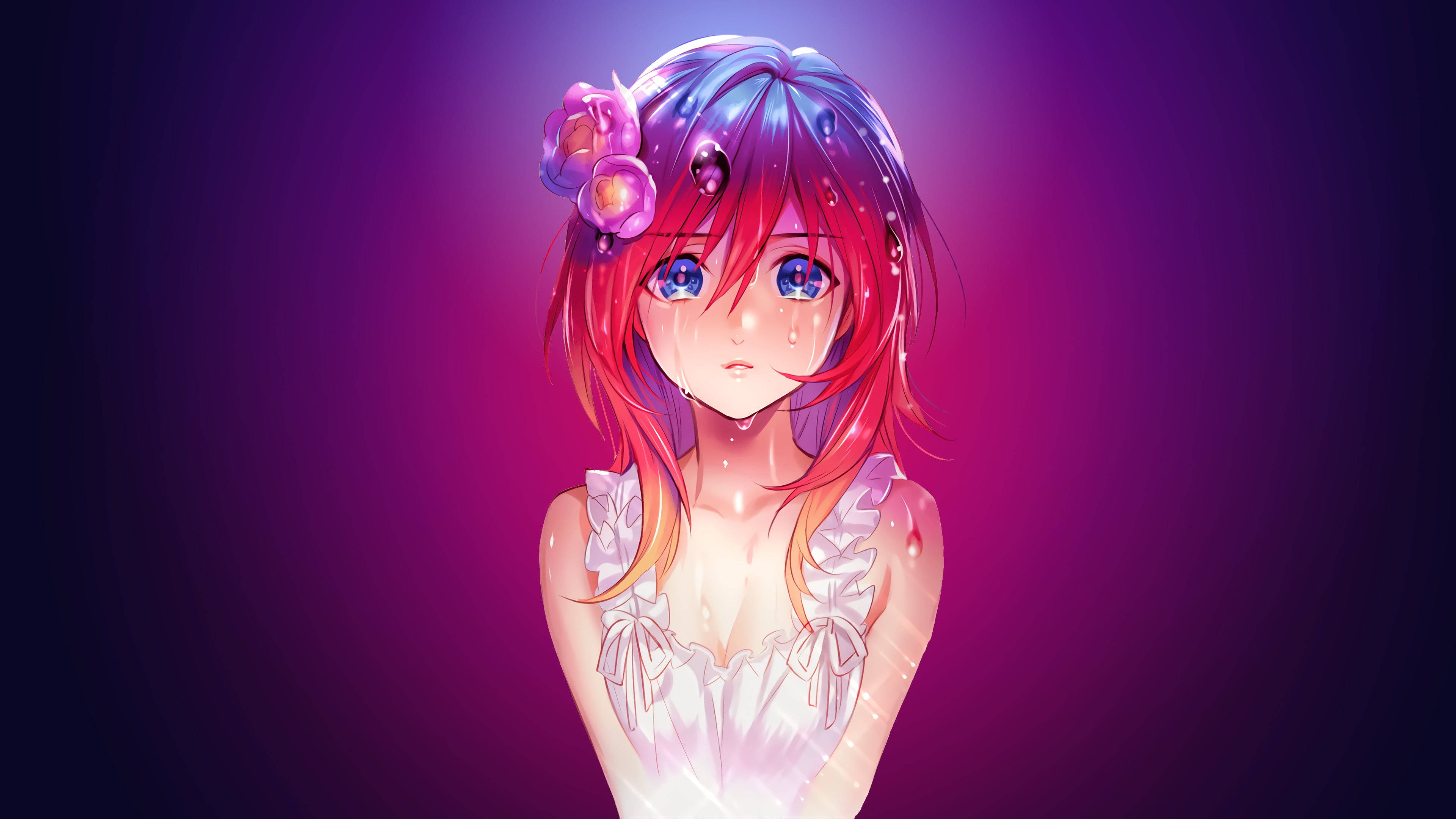 crying anime 桌布 壁紙 — 一個發光的動漫女孩，紅藍色的頭髮上裝飾著花朵，站在耀眼的紫色漸變背景前。
