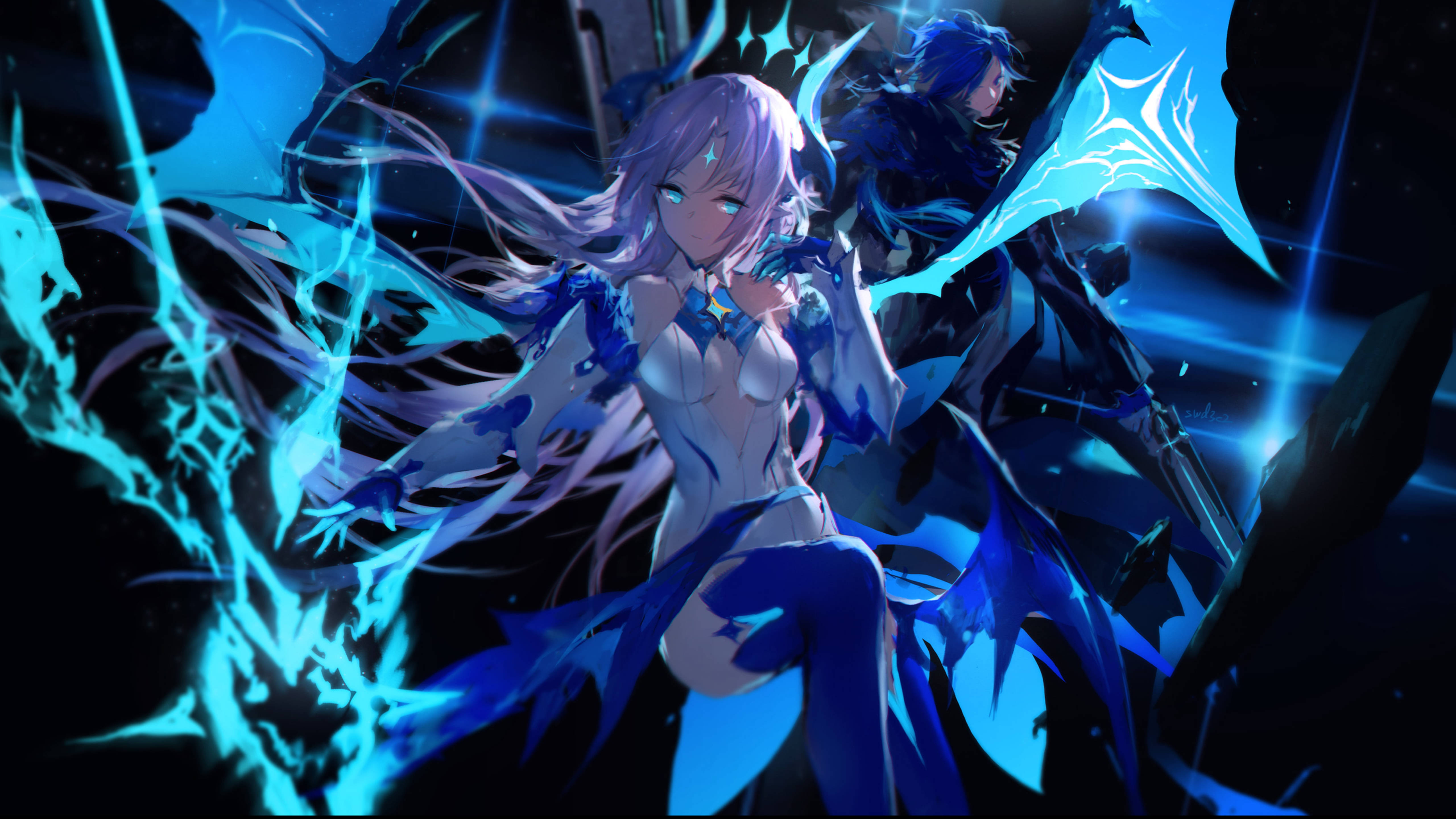 Elsword Lu/Ciel 壁紙 — 一個發光的動漫女孩，紫色頭髮和藍色能量翅膀，自信地站在一個黑暗電藍色奇幻場景中的戰士旁邊。