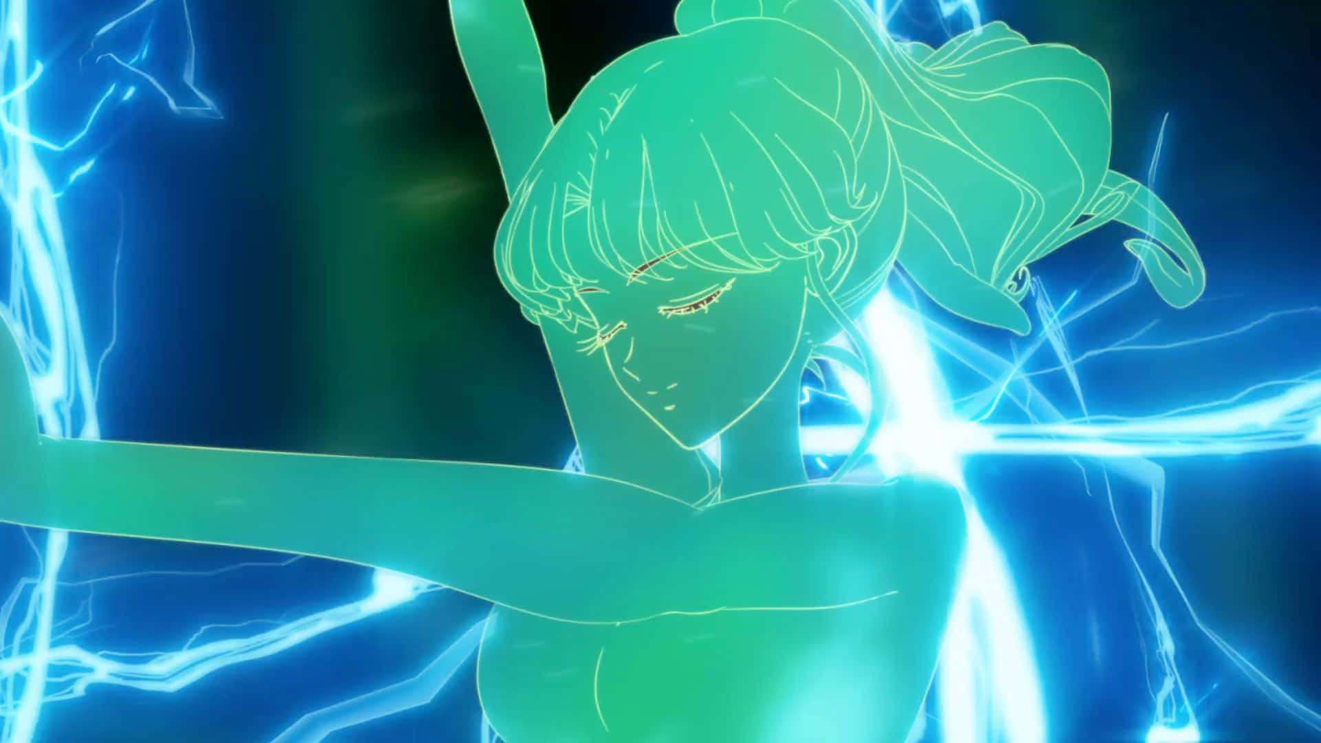 sailor jupiter 桌布 壁紙 — 一個發光的動漫女孩，綠色頭髮，在黑暗背景下以動態姿勢引導電藍色能量。