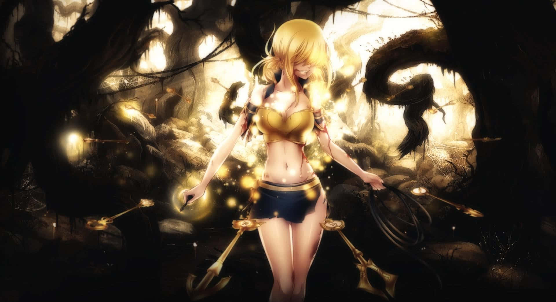lucy heartfilia 桌布 壁紙 — 一個發光的動漫女孩，金色頭髮，站在黑暗的森林中，手持魔法武器，光粒子在她周圍旋轉。