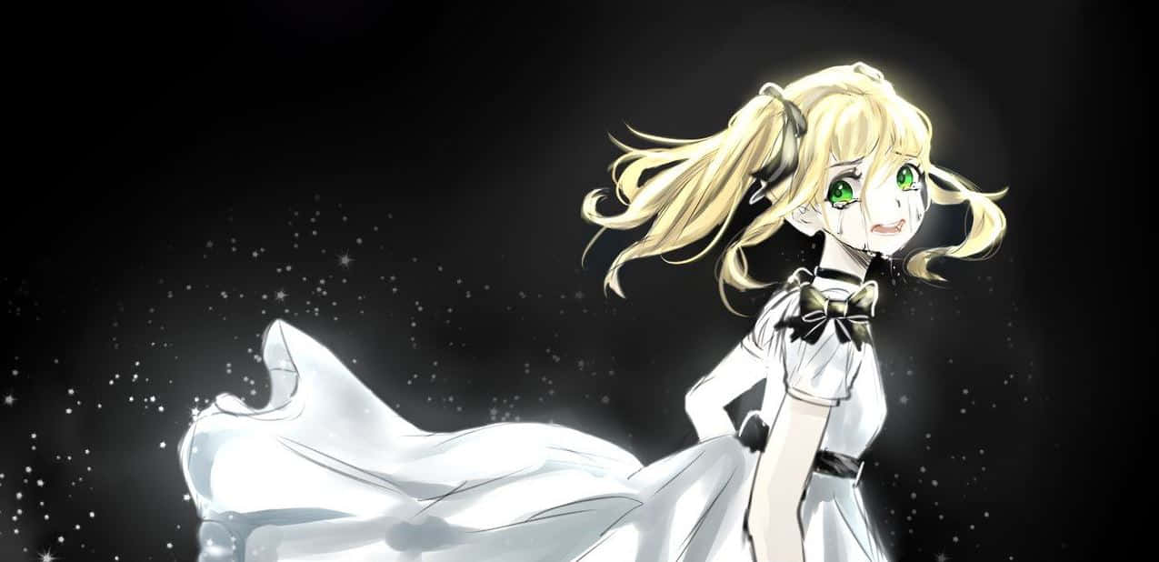 Elizabeth Midford 桌布 壁紙 — 一個發光的動漫女孩，金髮綠眼，穿著白色連衣裙，站在星空黑色背景前。