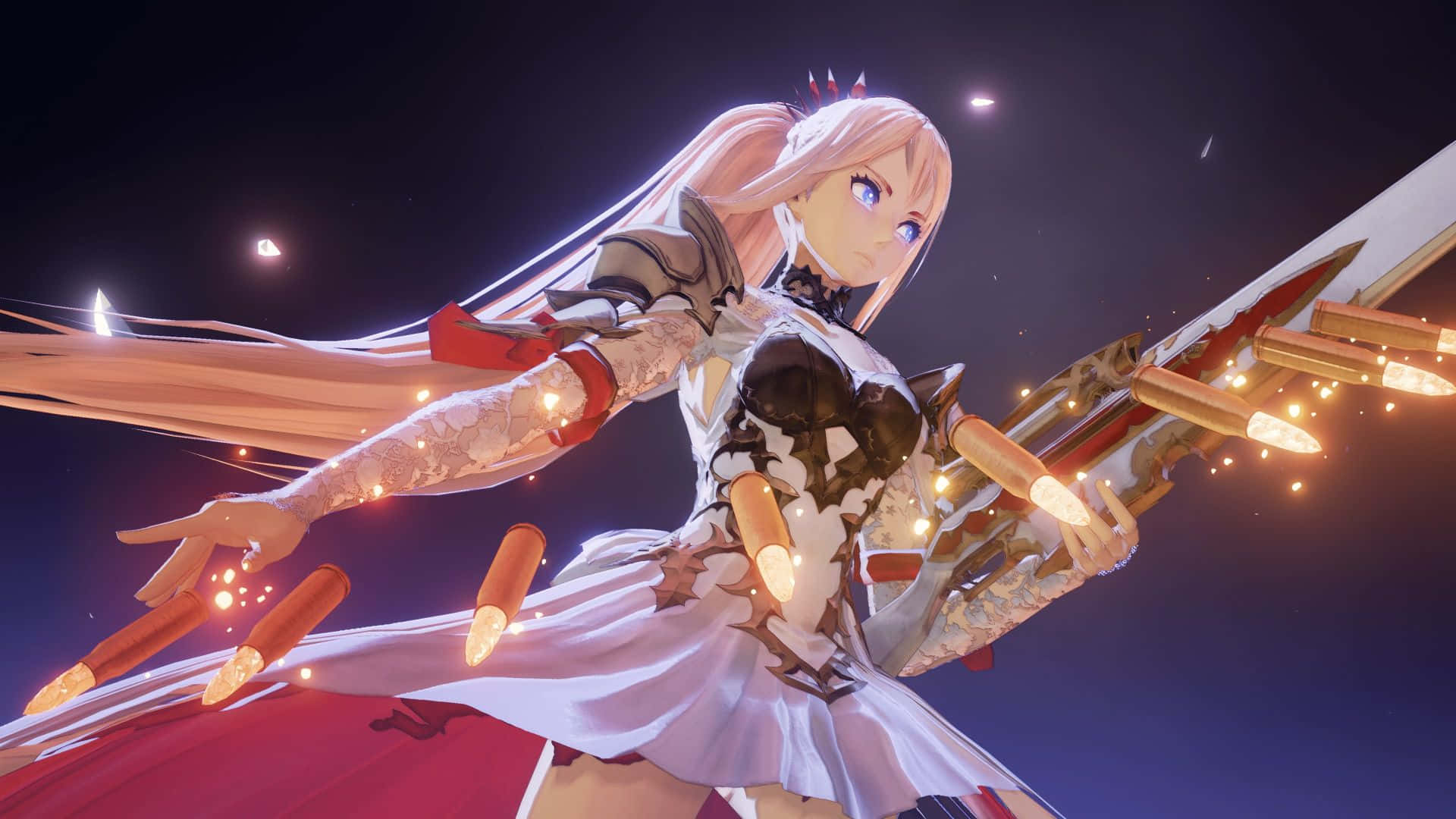 Tales Of Arise 桌布 壁紙 — 一個發光的動漫女孩，長長的粉紅色頭髮，在繁星點點的夜空下，揮舞著一把巨大的劍，周圍漂浮著火熱的投射物。