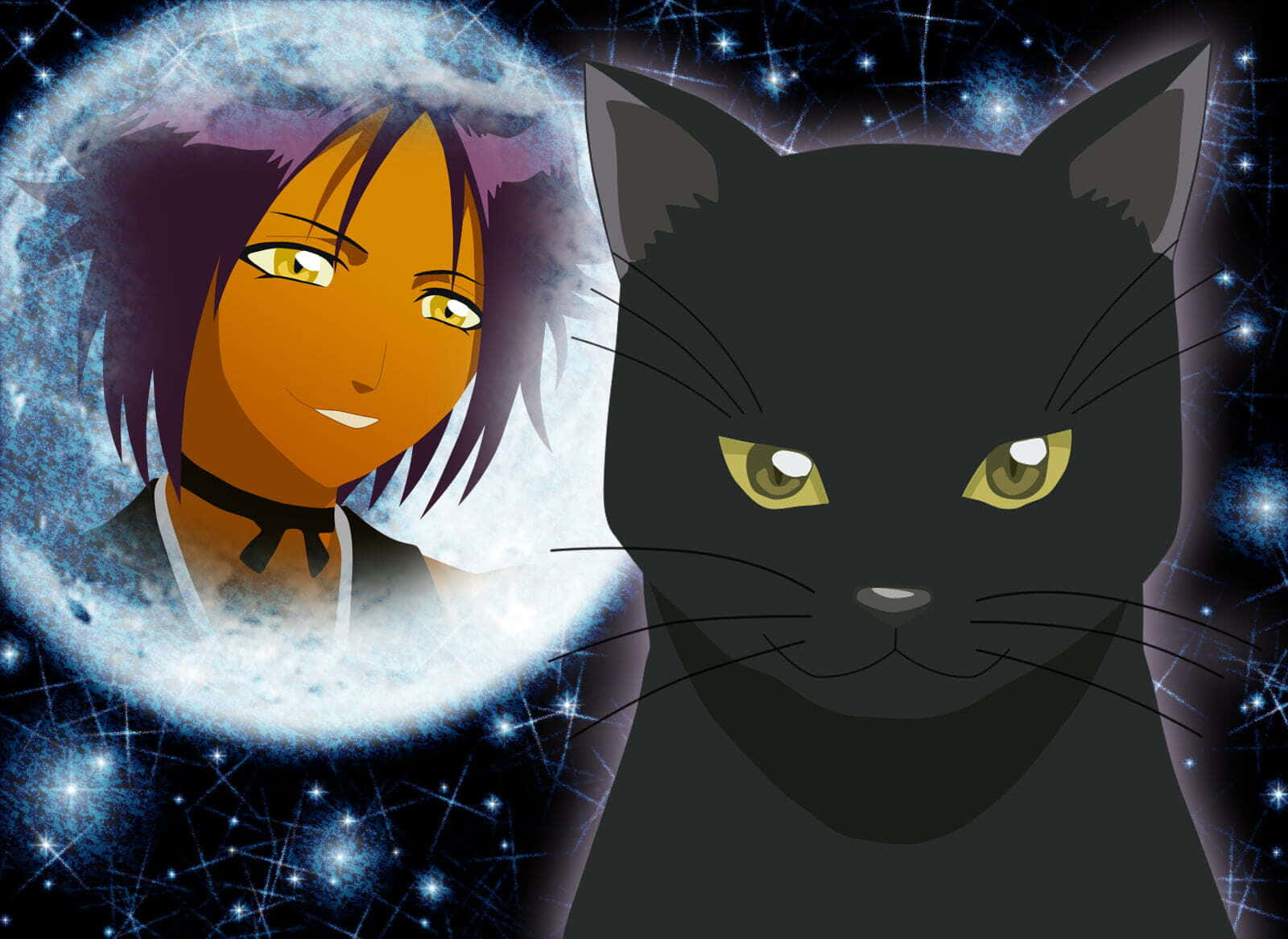 Yoruichi Shihoin 桌布 壁紙 — 一個發光的動漫女孩和一隻金色眼睛的黑貓，在星光宇宙背景下直視前方。